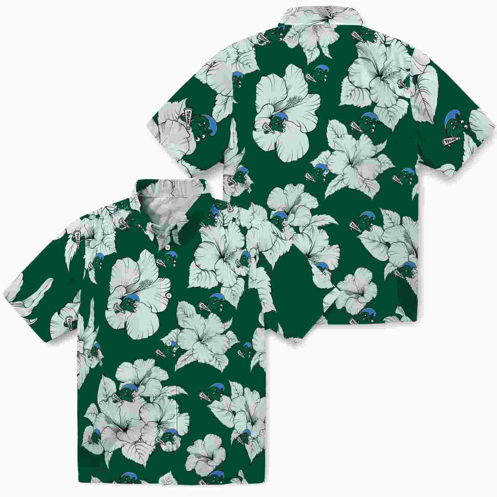 tulane green wave hibiscus blooms green white hawaiian shirt high quality