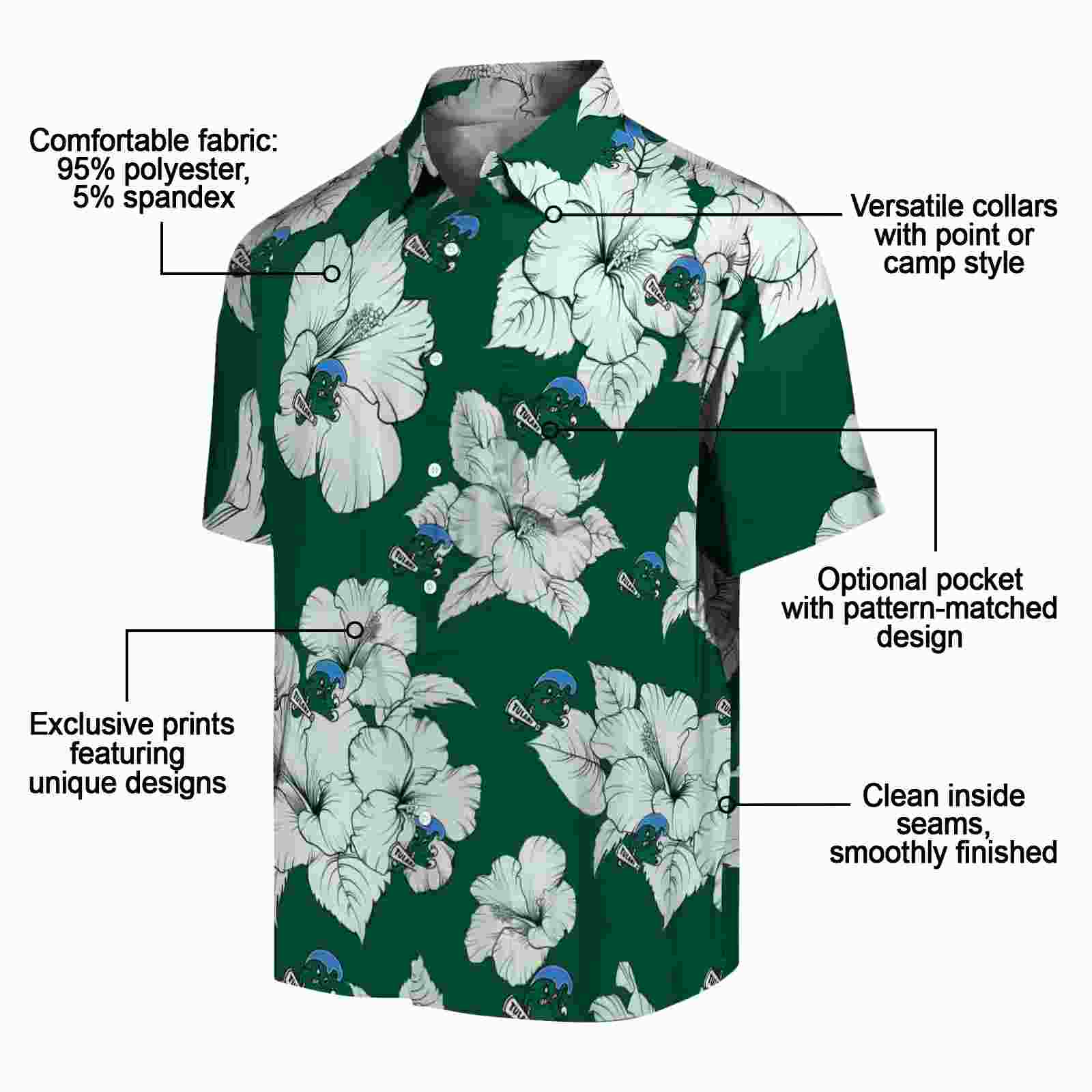 tulane green wave hibiscus blooms green white hawaiian shirt new arrival