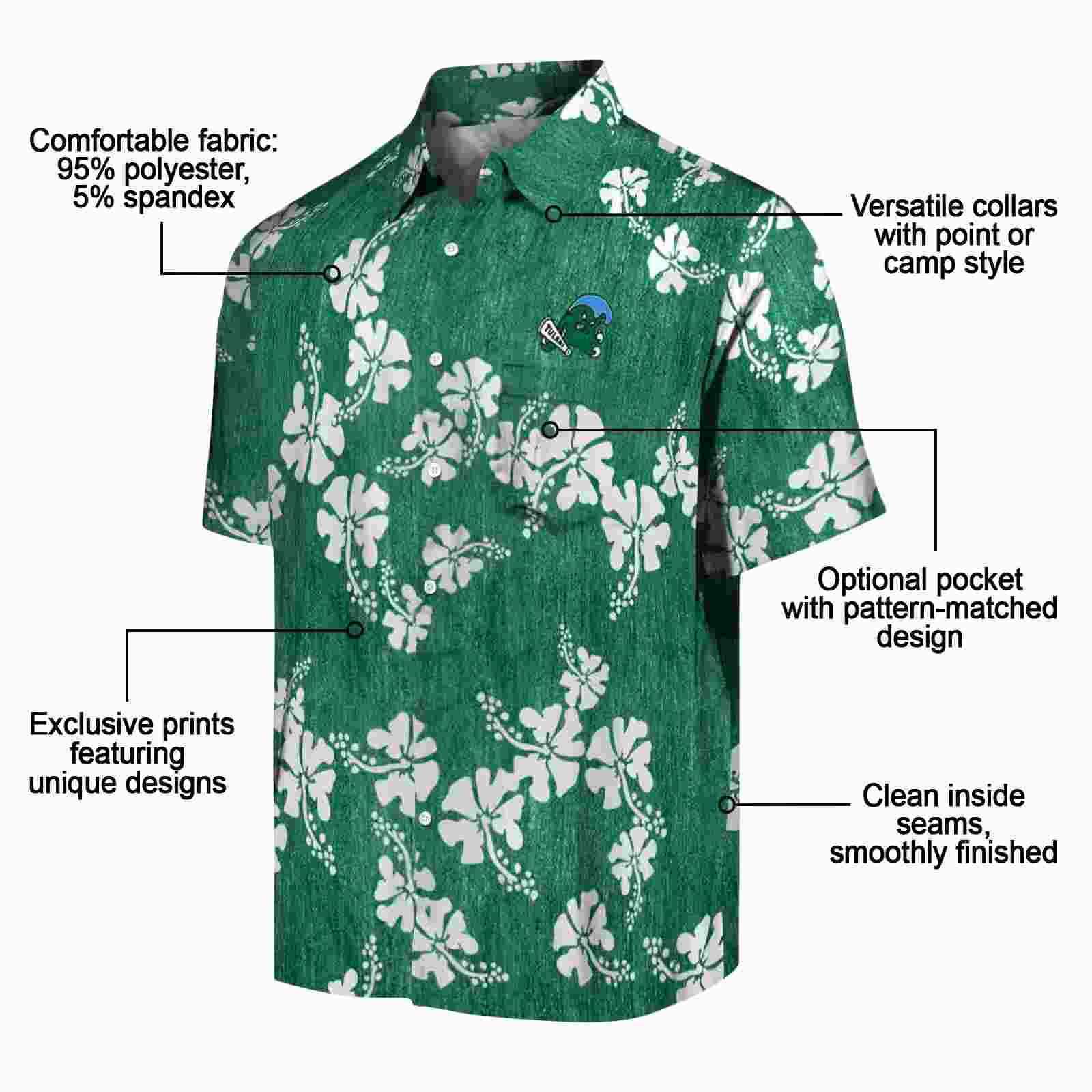 tulane green wave hibiscus clusters green hawaiian shirt new arrival