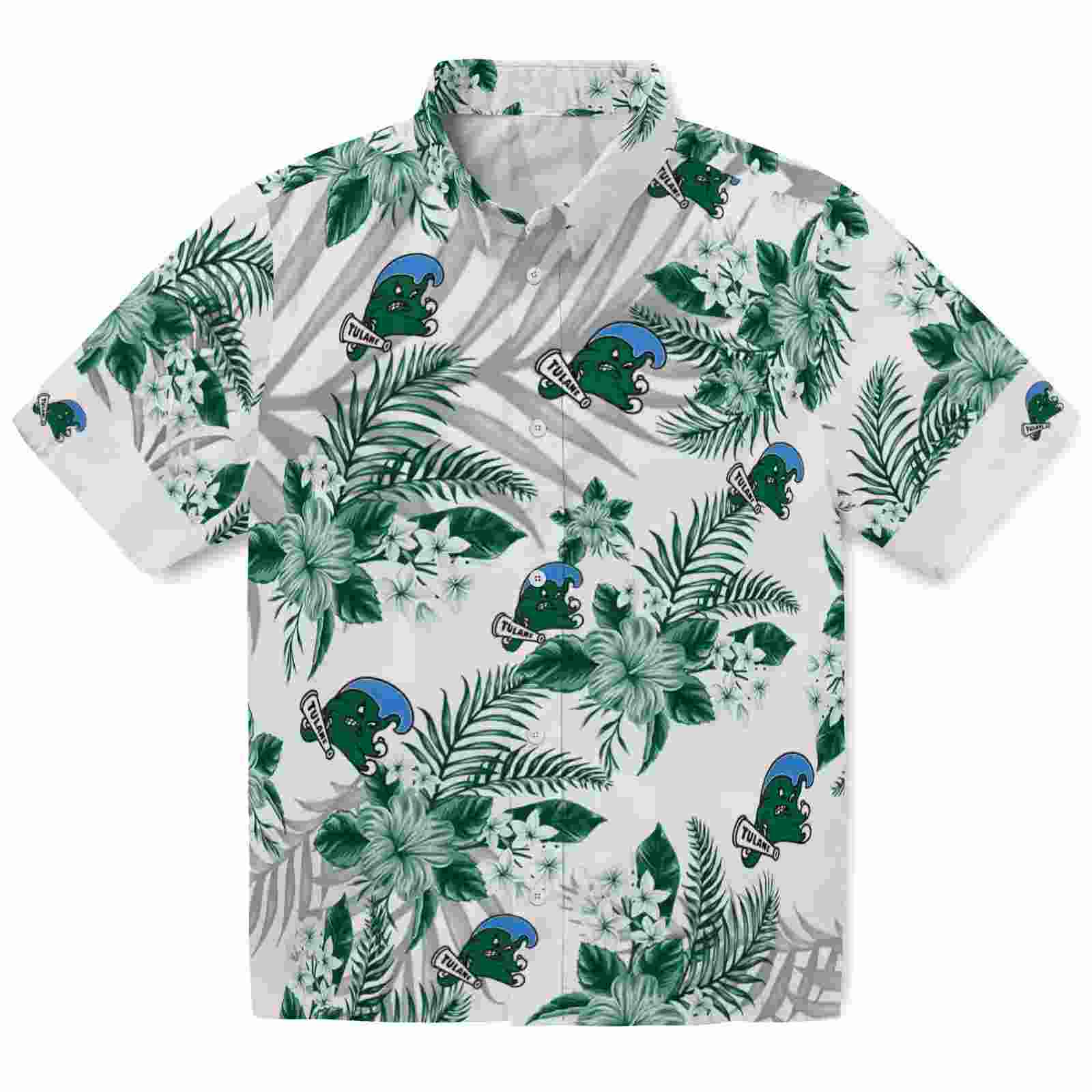 Tulane Green Wave Hibiscus Palm Leaves Green White Hawaiian Shirt