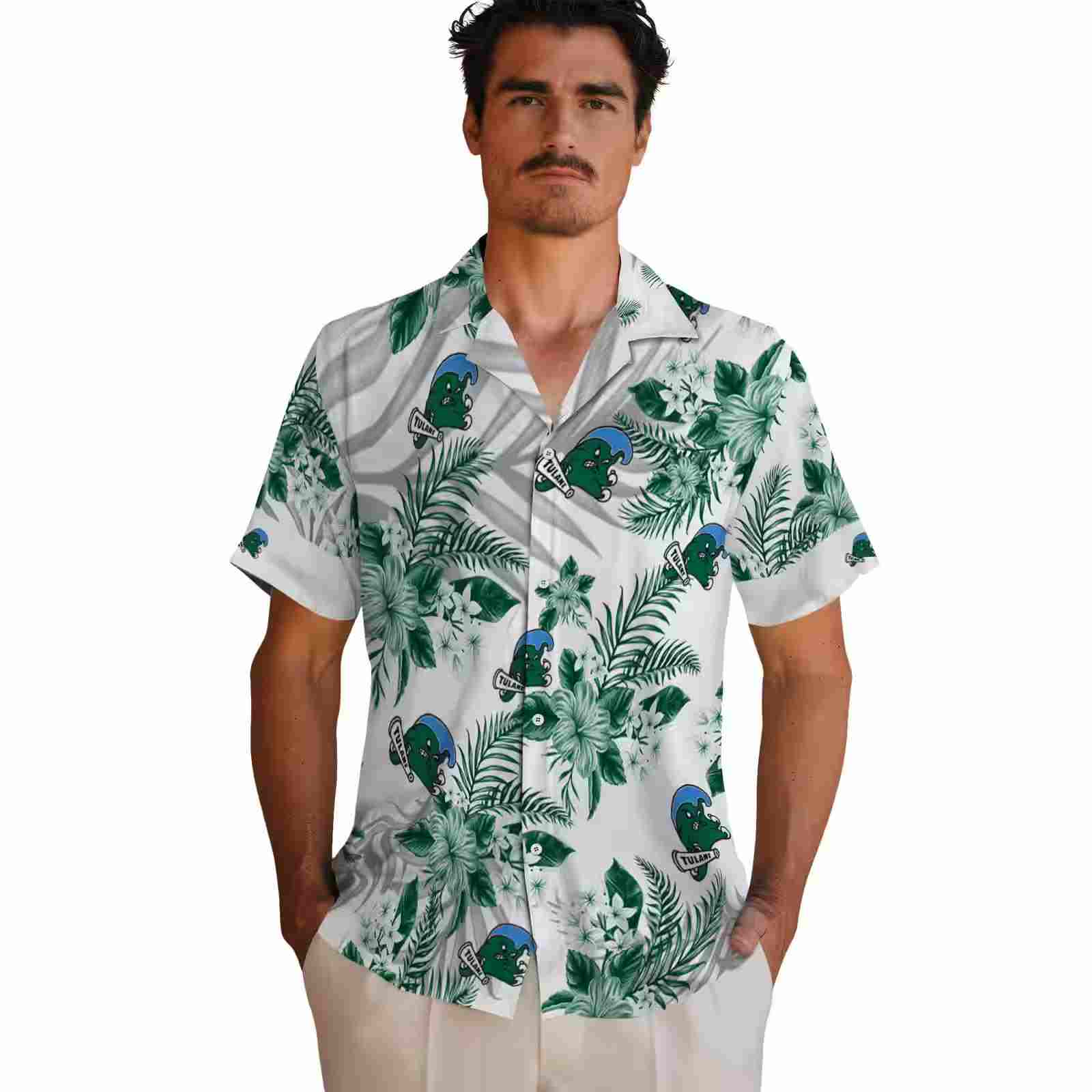 tulane green wave hibiscus palm leaves green white hawaiian shirt fashion forward