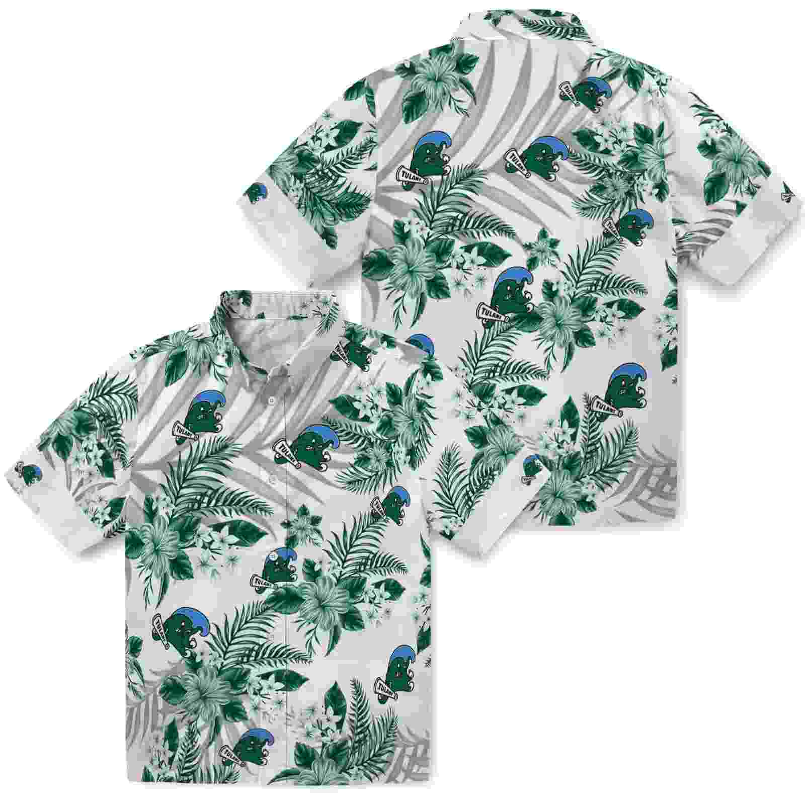 tulane green wave hibiscus palm leaves green white hawaiian shirt high quality