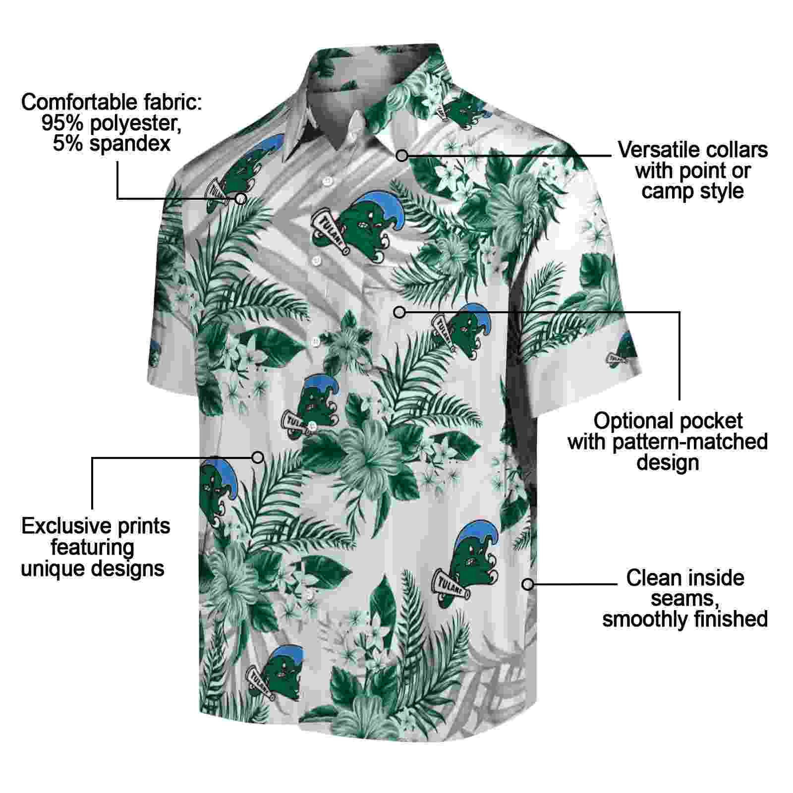 tulane green wave hibiscus palm leaves green white hawaiian shirt new arrival