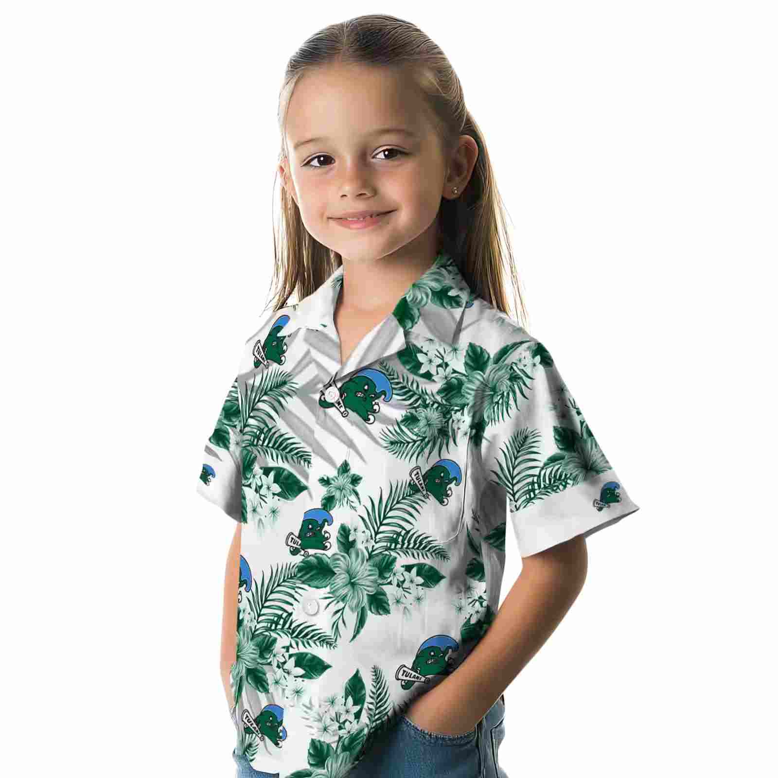 tulane green wave hibiscus palm leaves green white hawaiian shirt premium grade