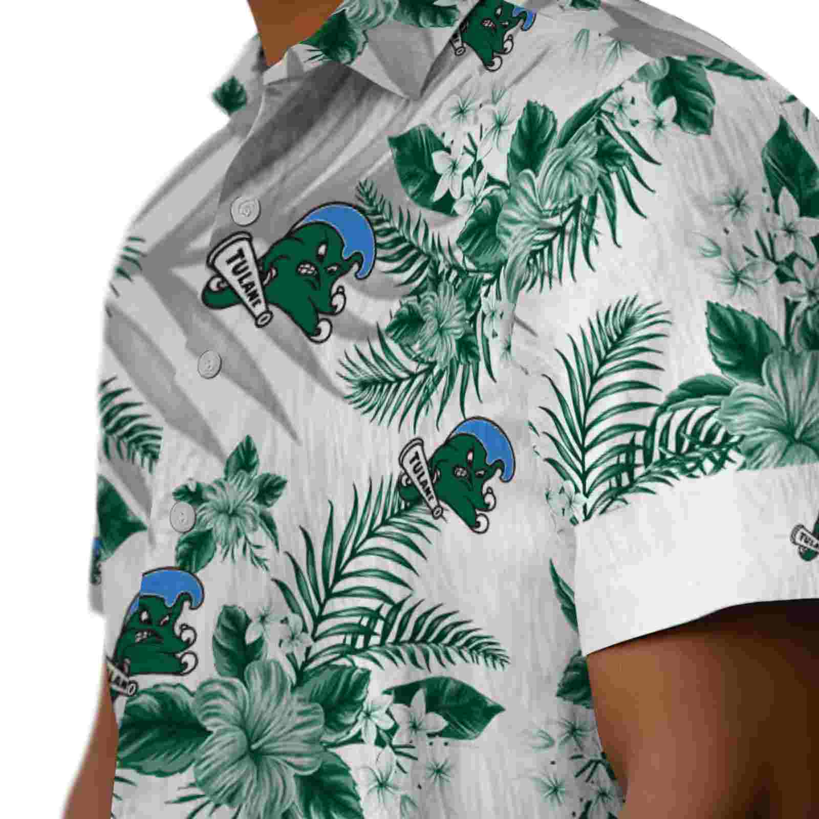 tulane green wave hibiscus palm leaves green white hawaiian shirt trendy