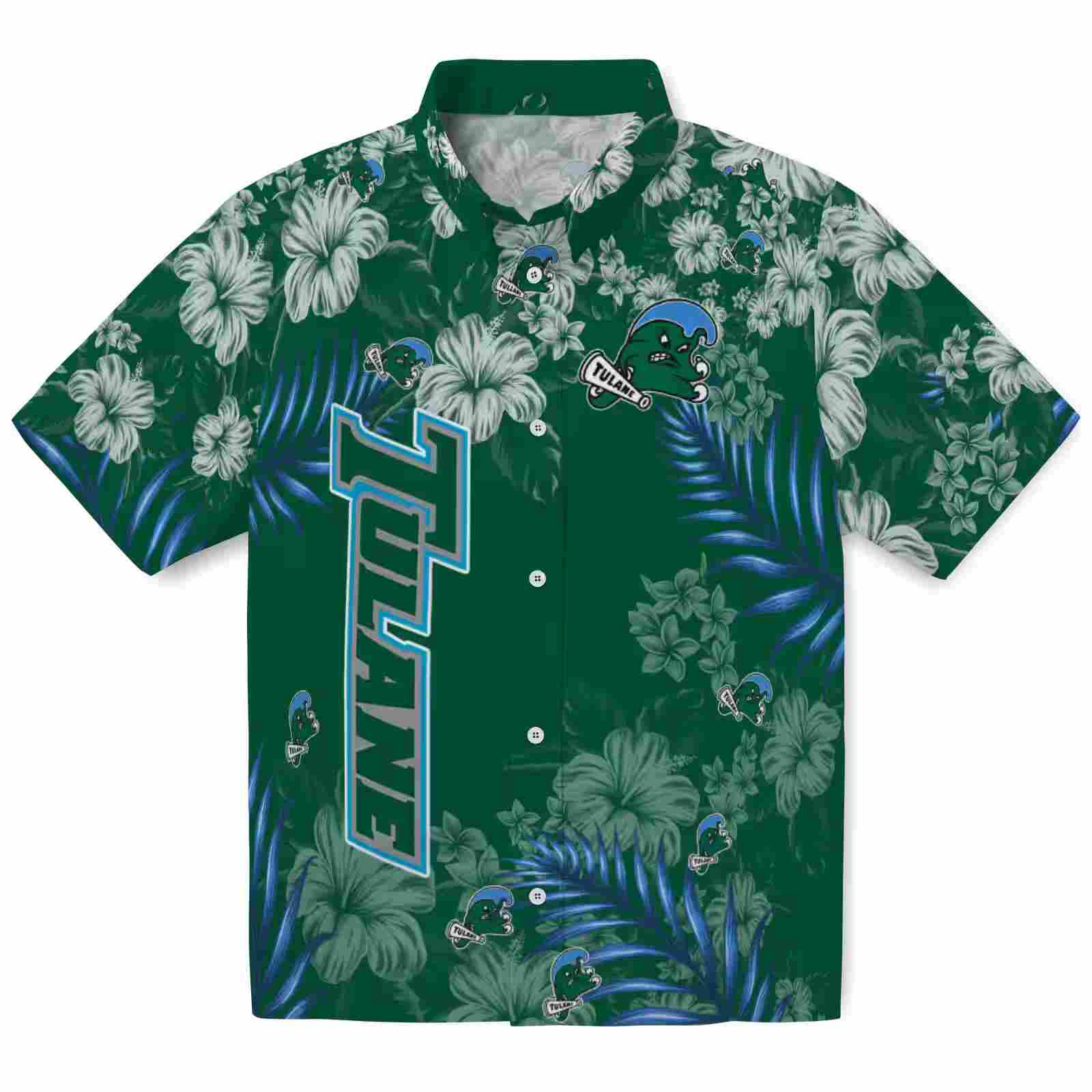 Tulane Green Wave Hibiscus Print Green Hawaiian Shirt