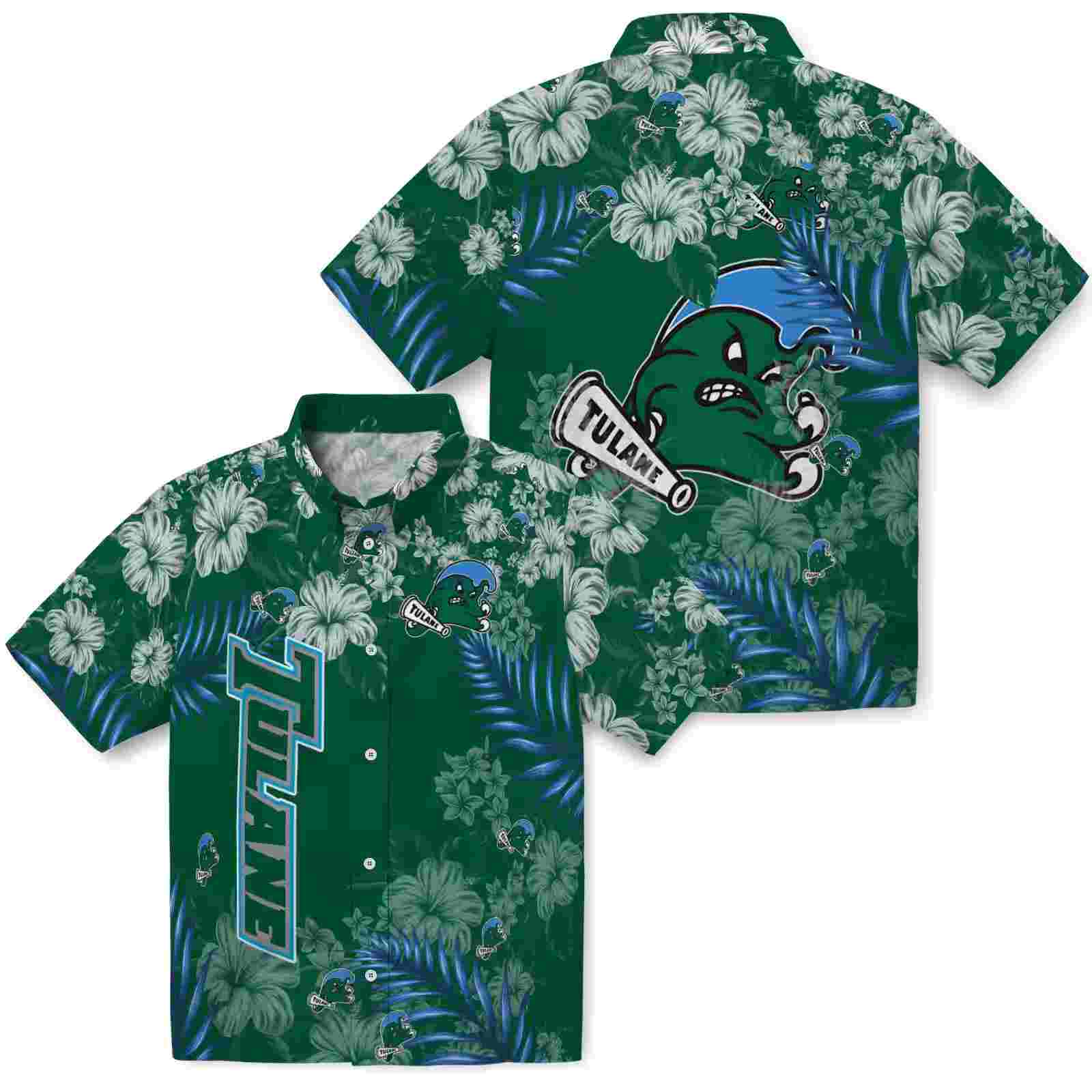 tulane green wave hibiscus print green hawaiian shirt high quality