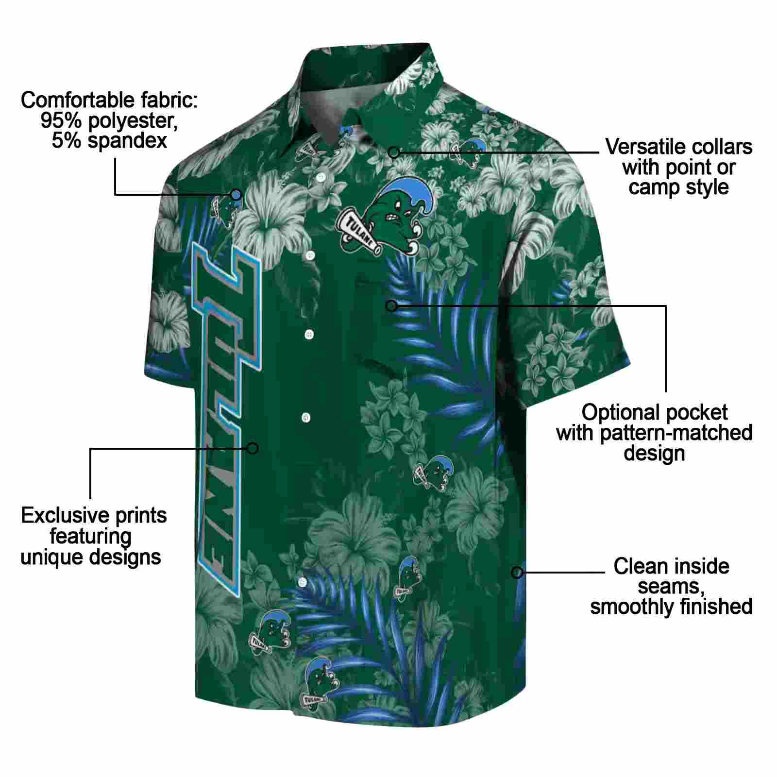 tulane green wave hibiscus print green hawaiian shirt new arrival