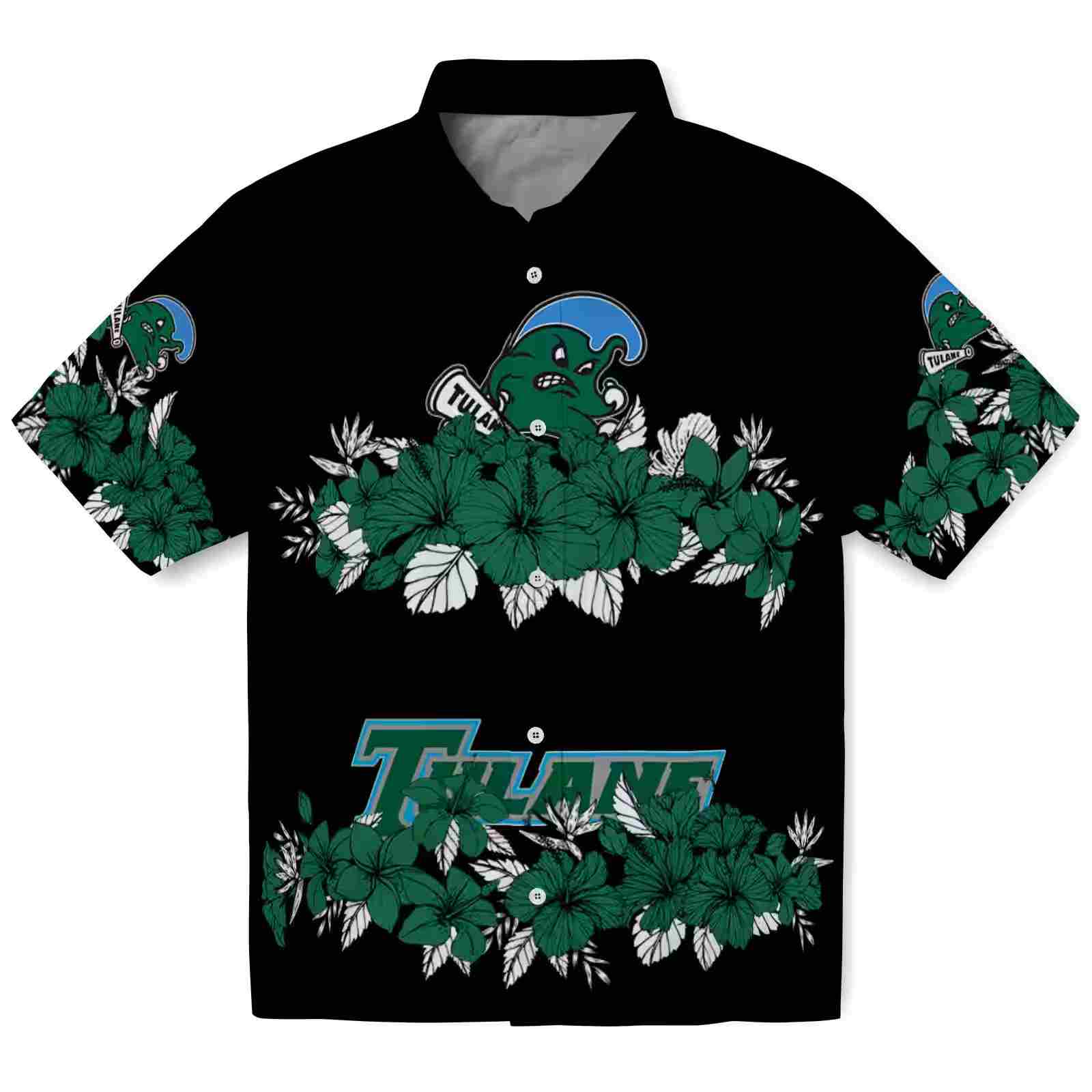 Tulane Green Wave Hibiscus Stripe Green Black Hawaiian Shirt