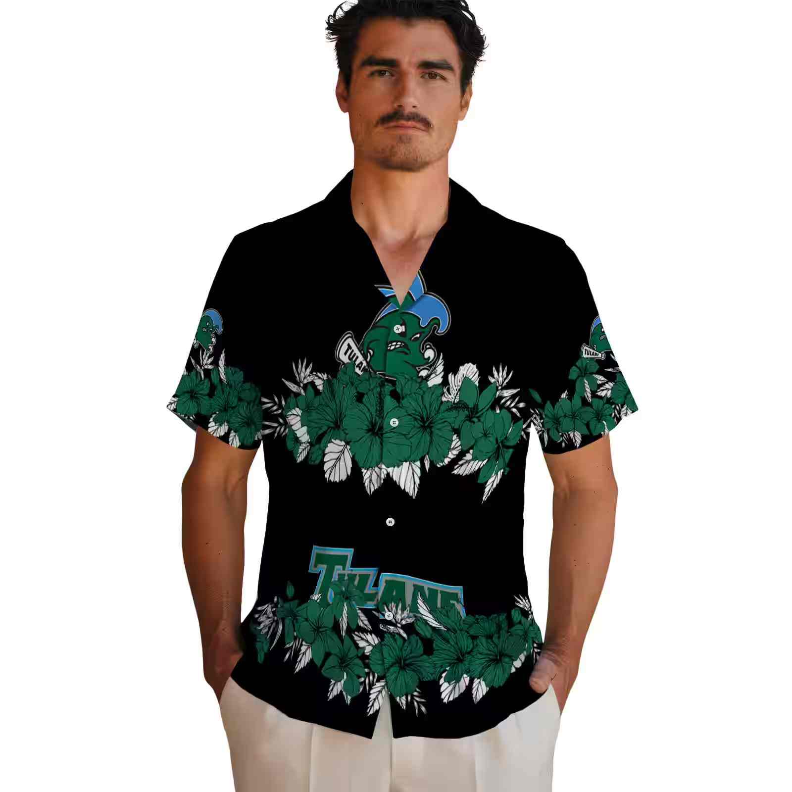 tulane green wave hibiscus stripe green black hawaiian shirt fashion forward