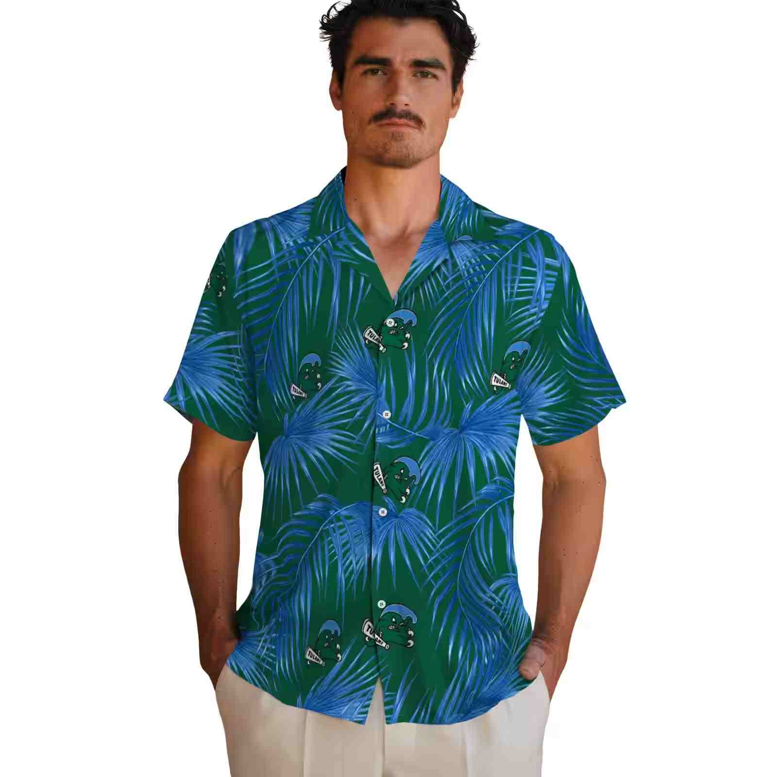 tulane green wave leafy palms green hawaiian shirt fashion forward