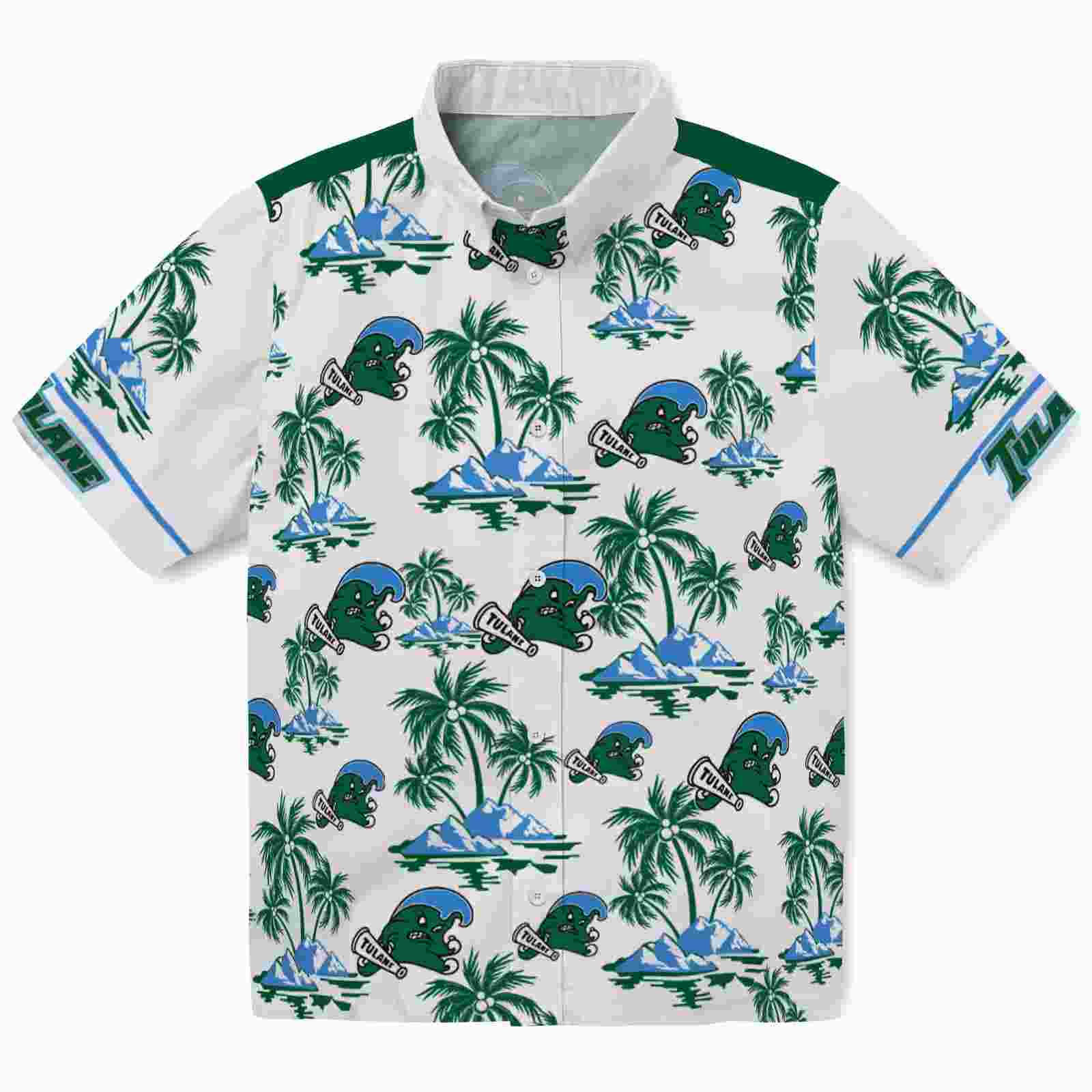 Tulane Green Wave Palm Island Print Green White Hawaiian Shirt