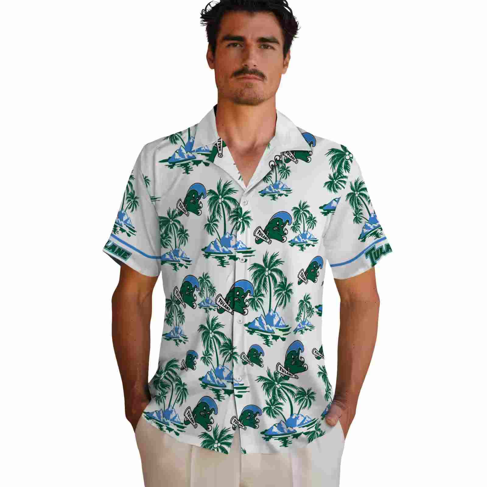 tulane green wave palm island print green white hawaiian shirt fashion forward