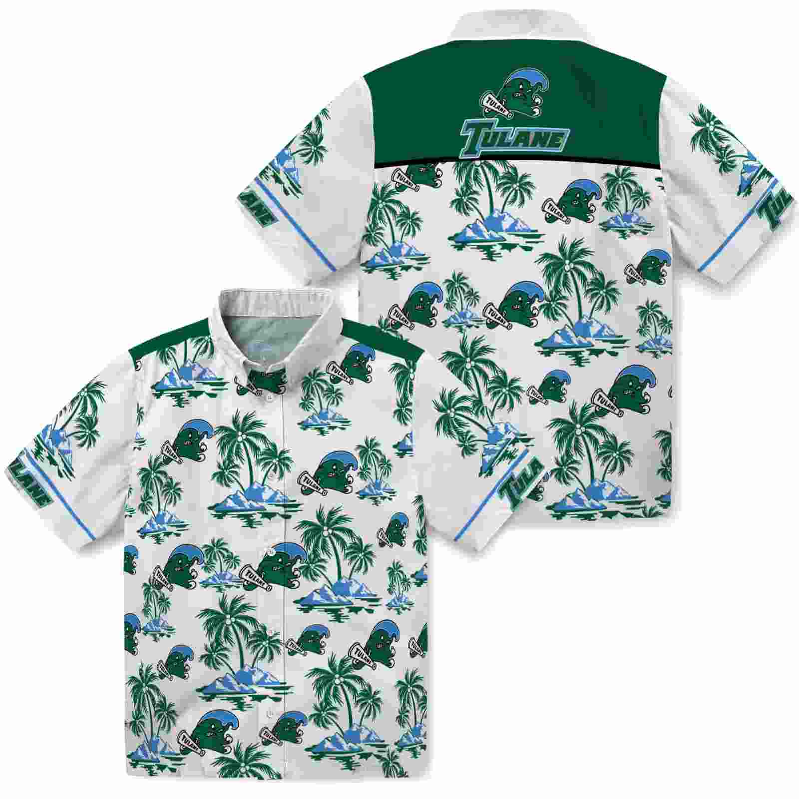 tulane green wave palm island print green white hawaiian shirt high quality