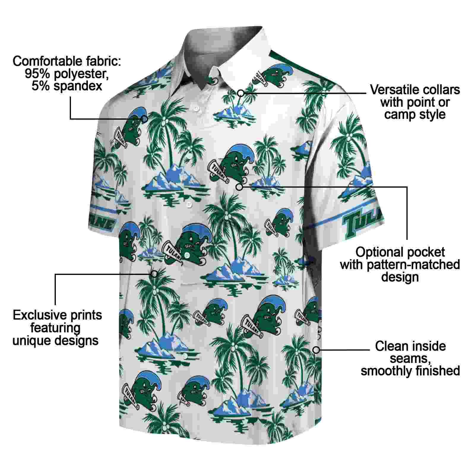 tulane green wave palm island print green white hawaiian shirt new arrival