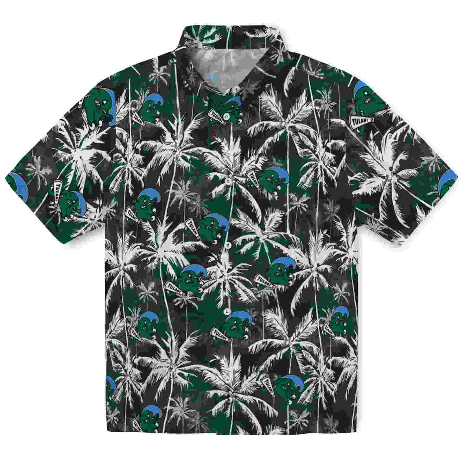 Tulane Green Wave Palm Pattern Green Black Hawaiian Shirt