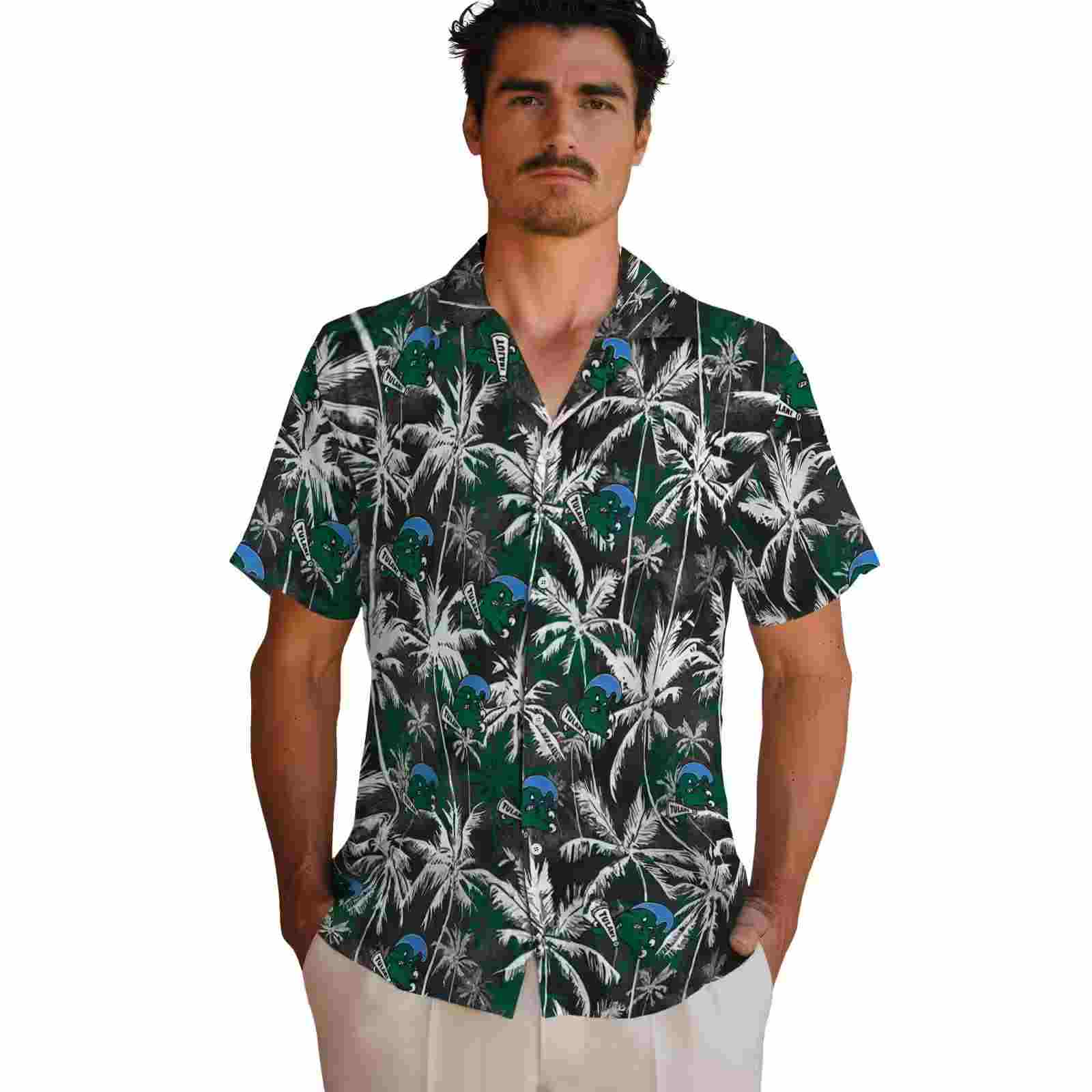 tulane green wave palm pattern green black hawaiian shirt fashion forward