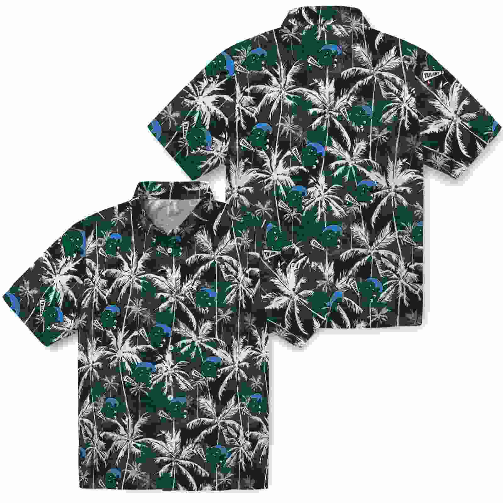 tulane green wave palm pattern green black hawaiian shirt high quality