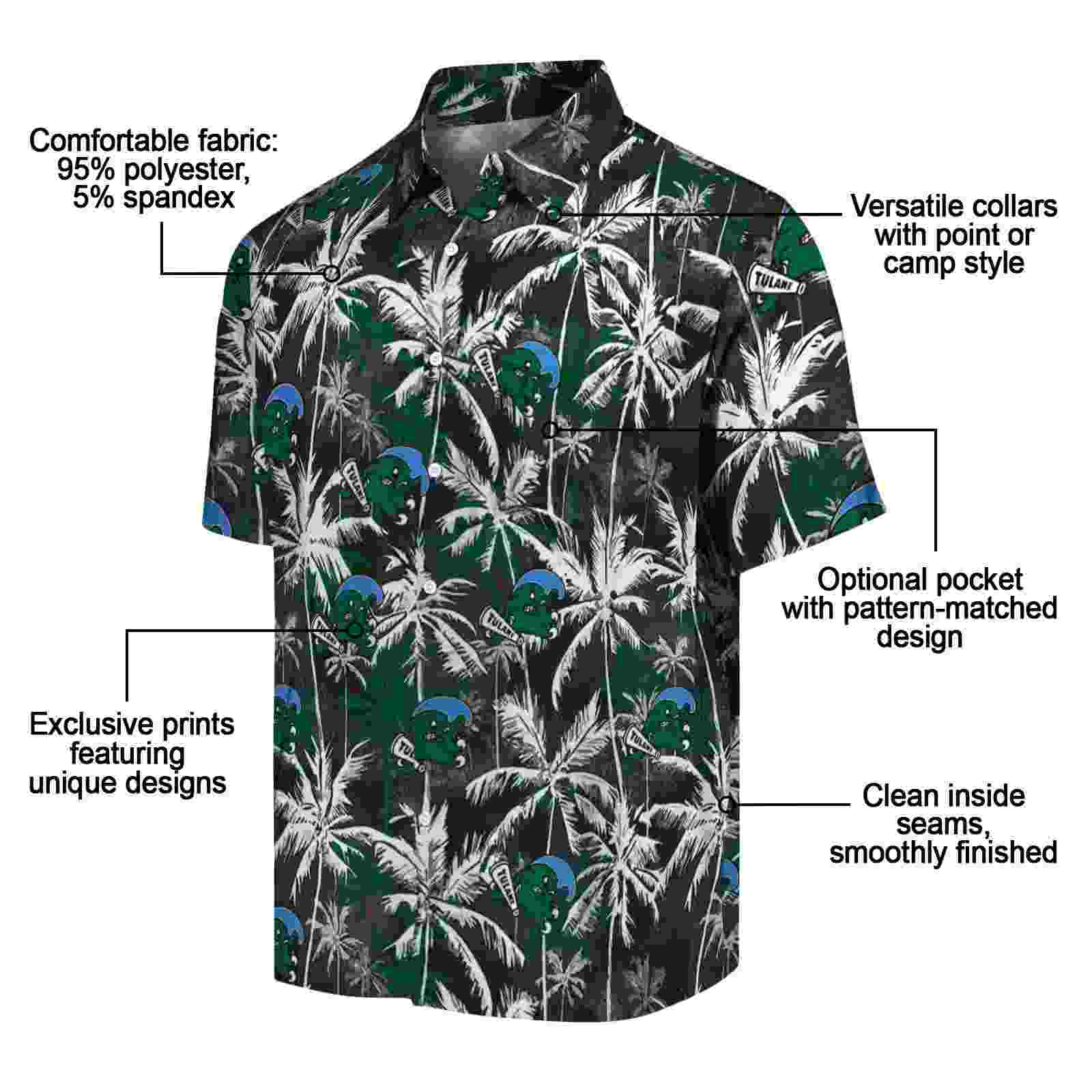 tulane green wave palm pattern green black hawaiian shirt new arrival