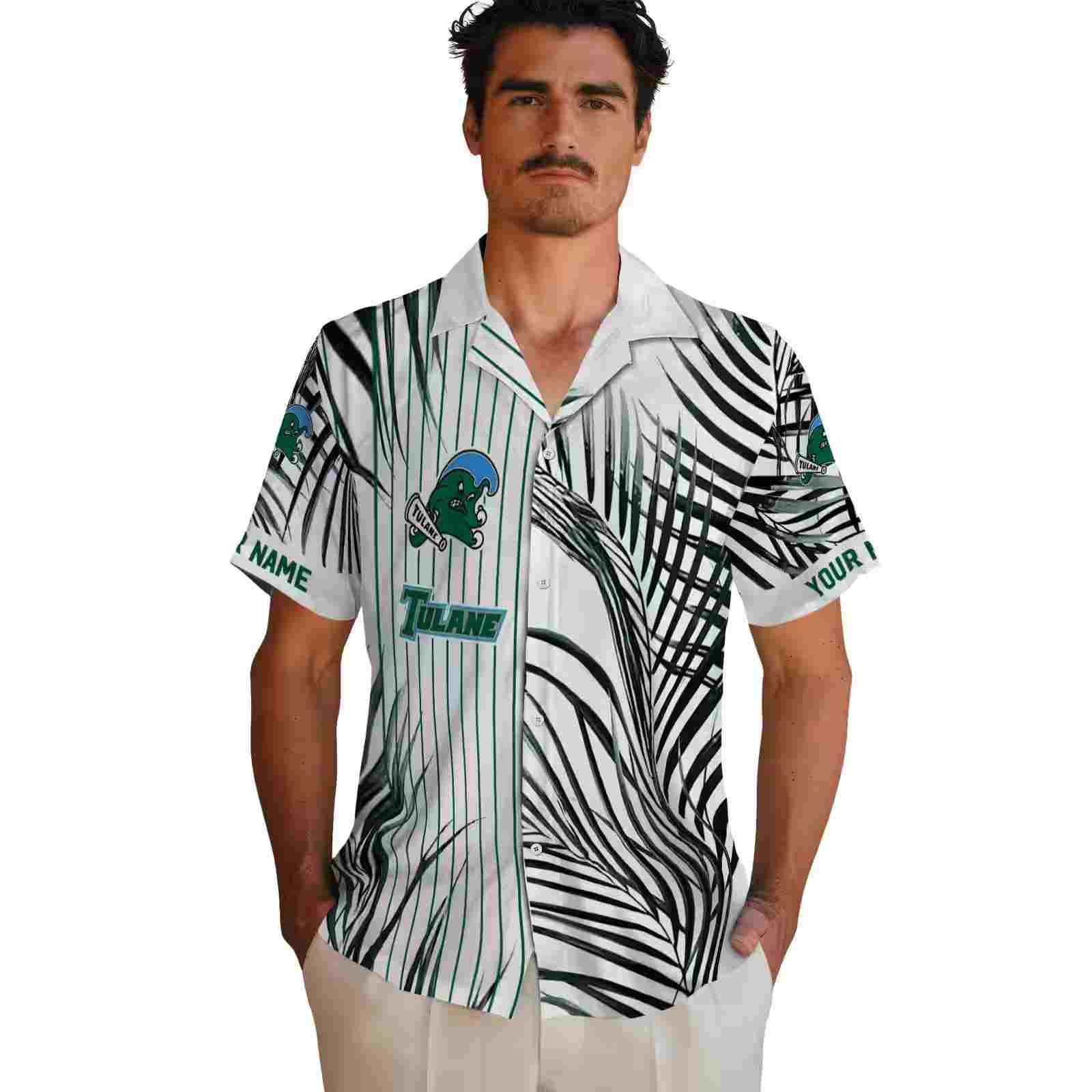 tulane green wave palm stripes green black white hawaiian shirt fashion forward