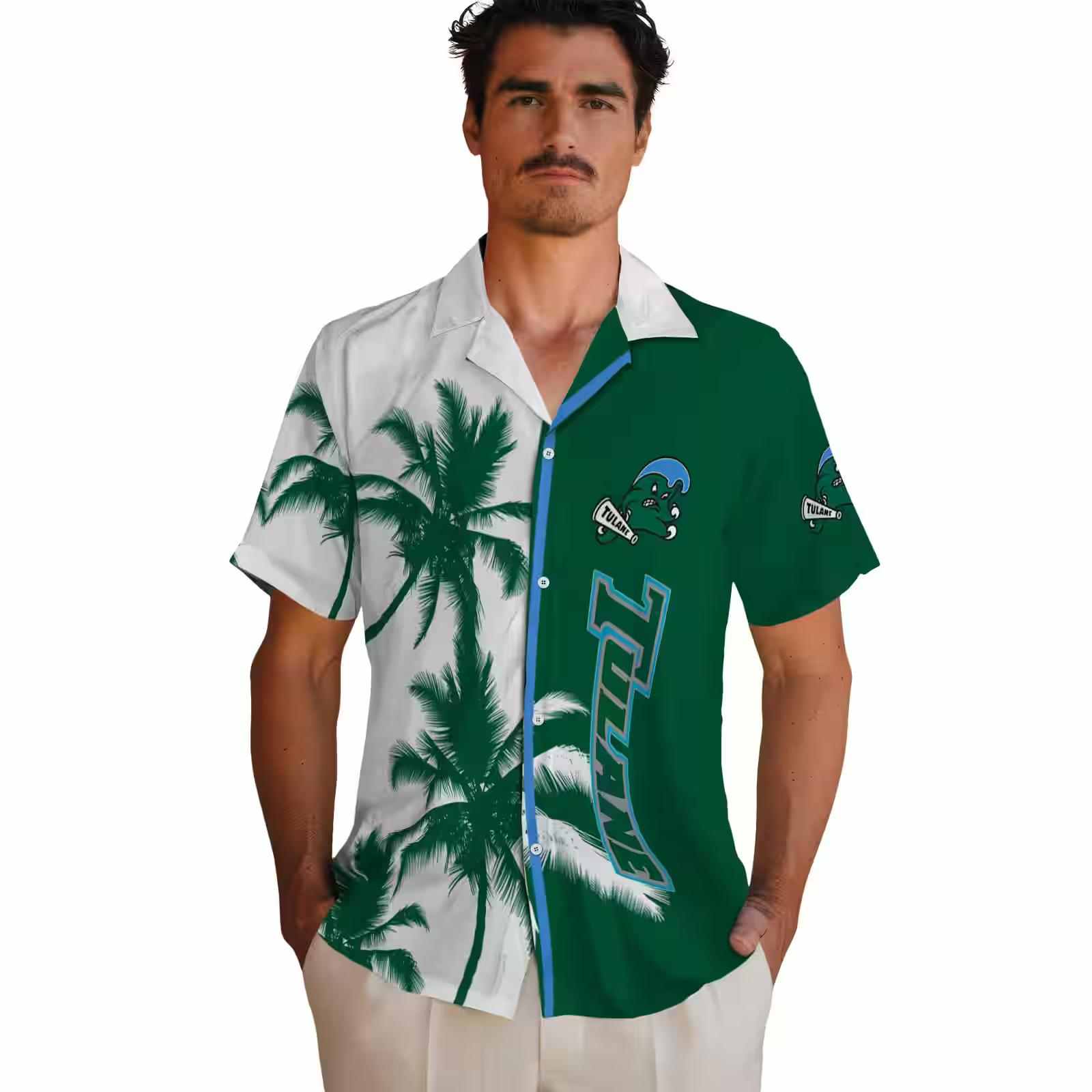 tulane green wave palm trees green white hawaiian shirt fashion forward