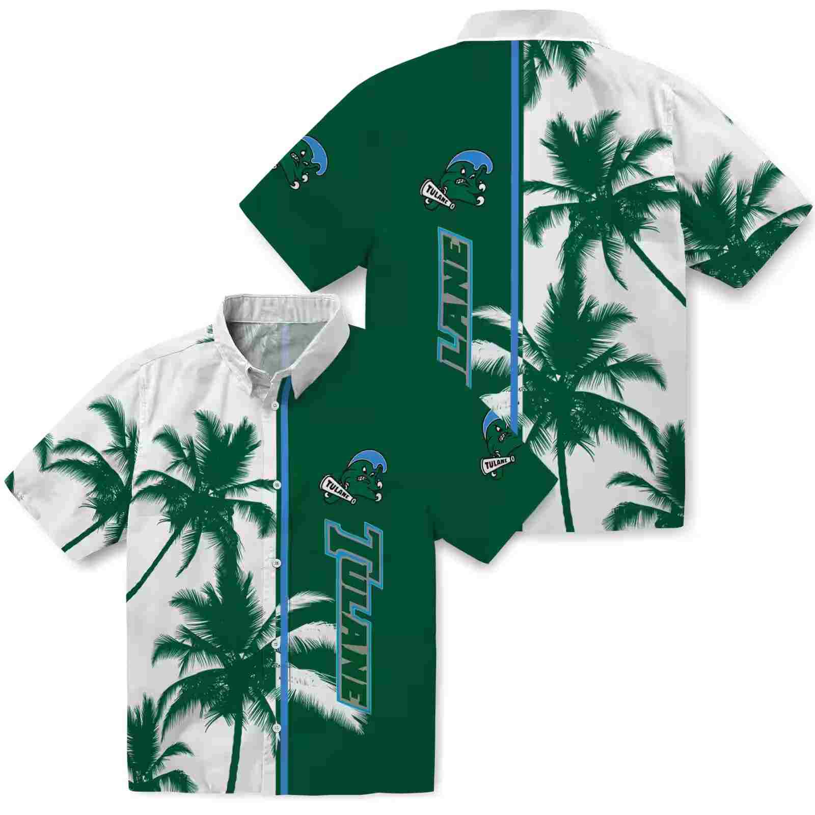 tulane green wave palm trees green white hawaiian shirt high quality