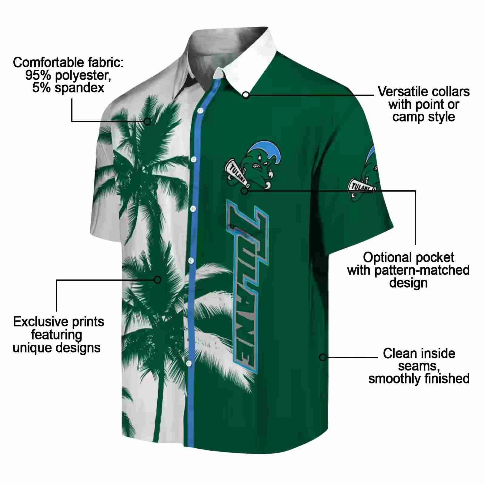 tulane green wave palm trees green white hawaiian shirt new arrival