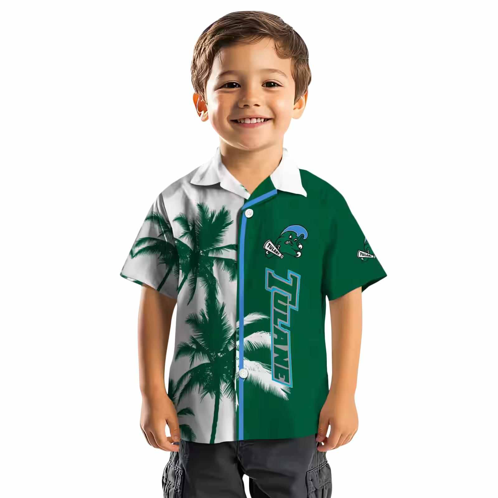 tulane green wave palm trees green white hawaiian shirt top rated