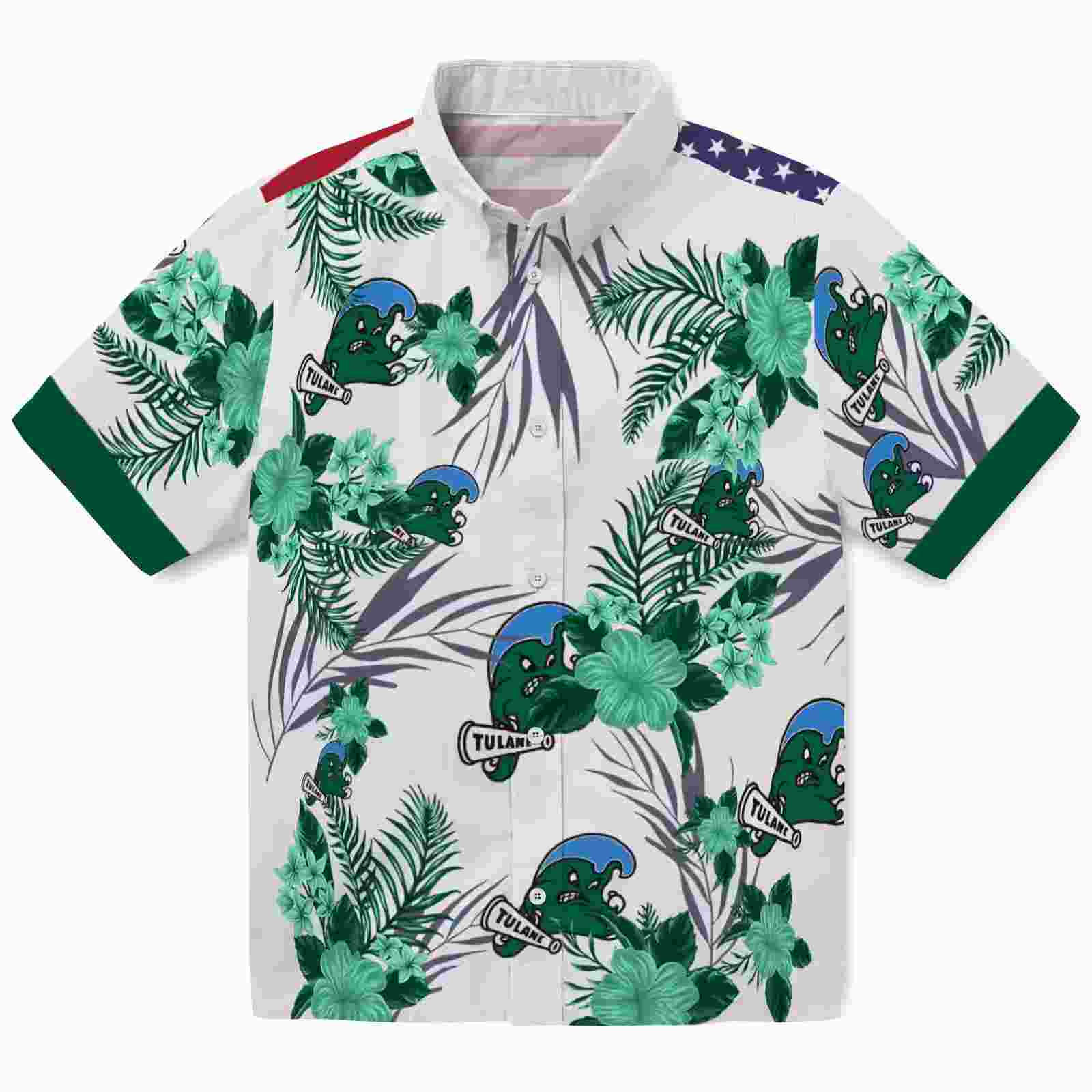 Tulane Green Wave Patriotic Hibiscus Design Green White Hawaiian Shirt