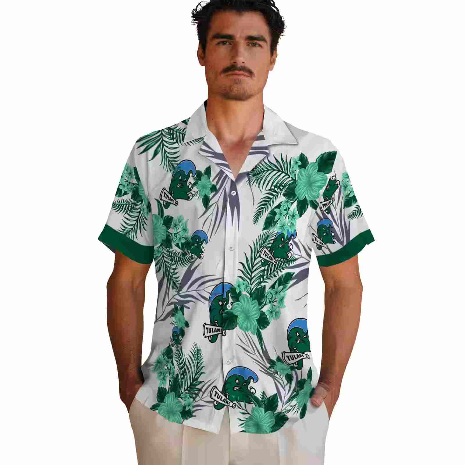 tulane green wave patriotic hibiscus design green white hawaiian shirt fashion forward