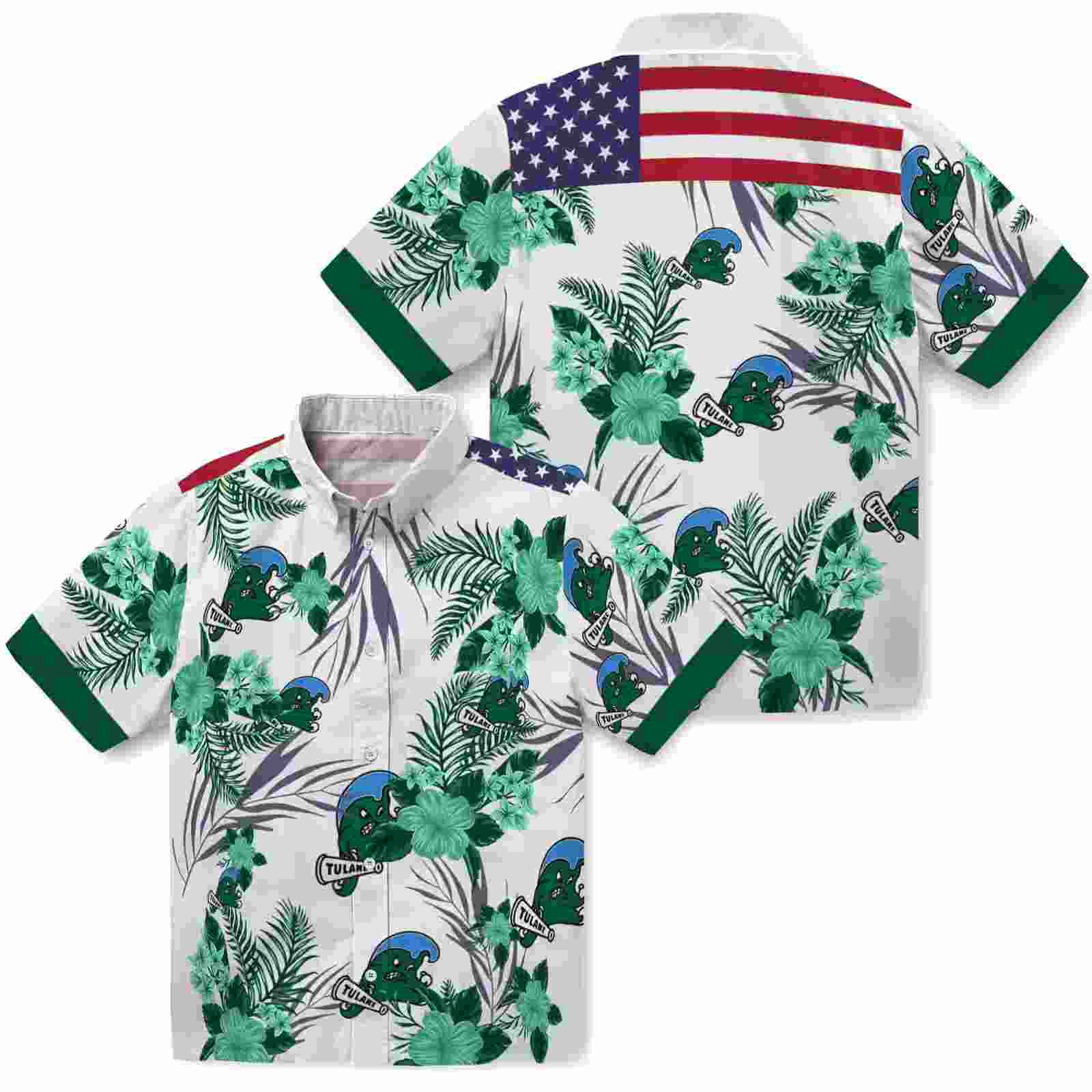 tulane green wave patriotic hibiscus design green white hawaiian shirt high quality