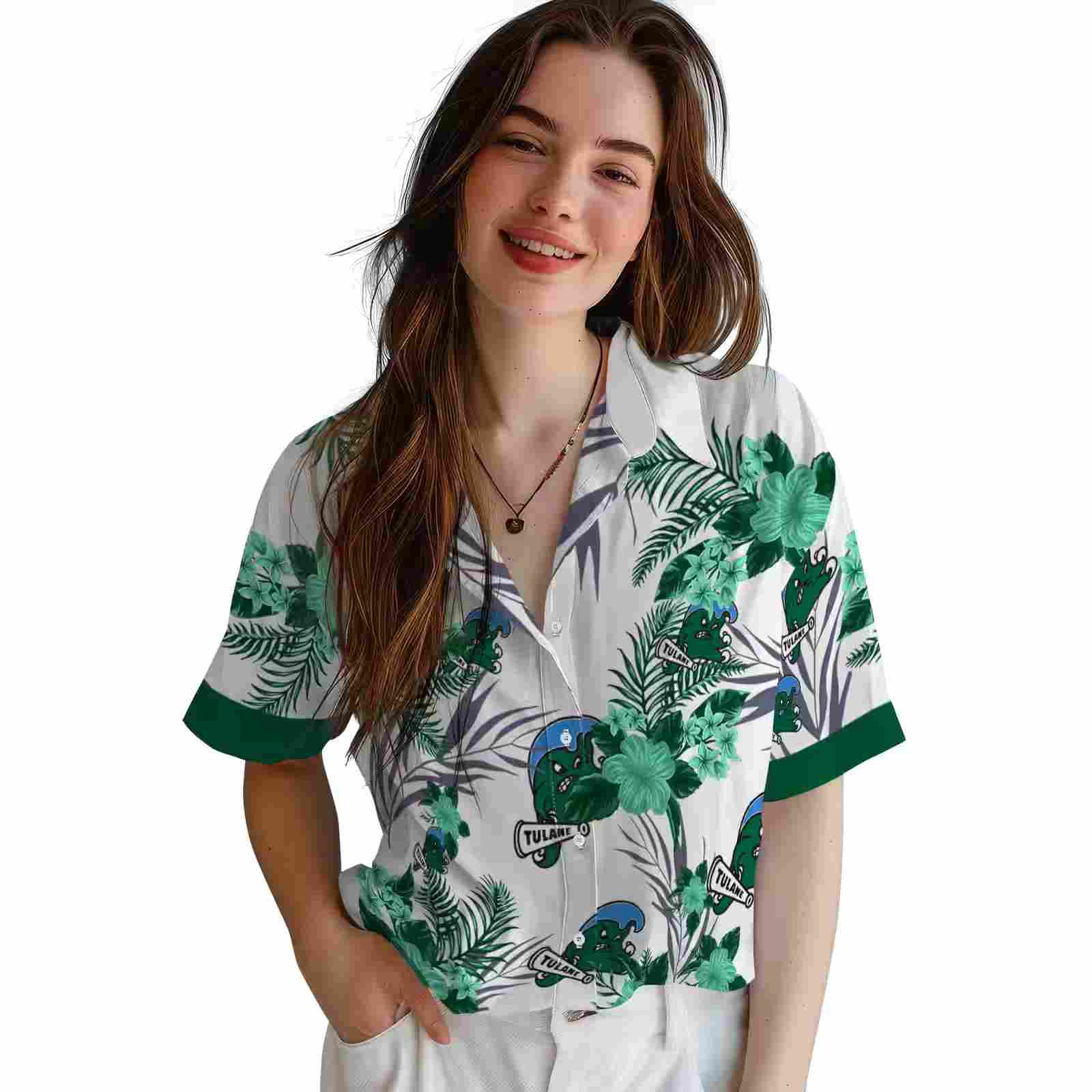 tulane green wave patriotic hibiscus design green white hawaiian shirt latest model