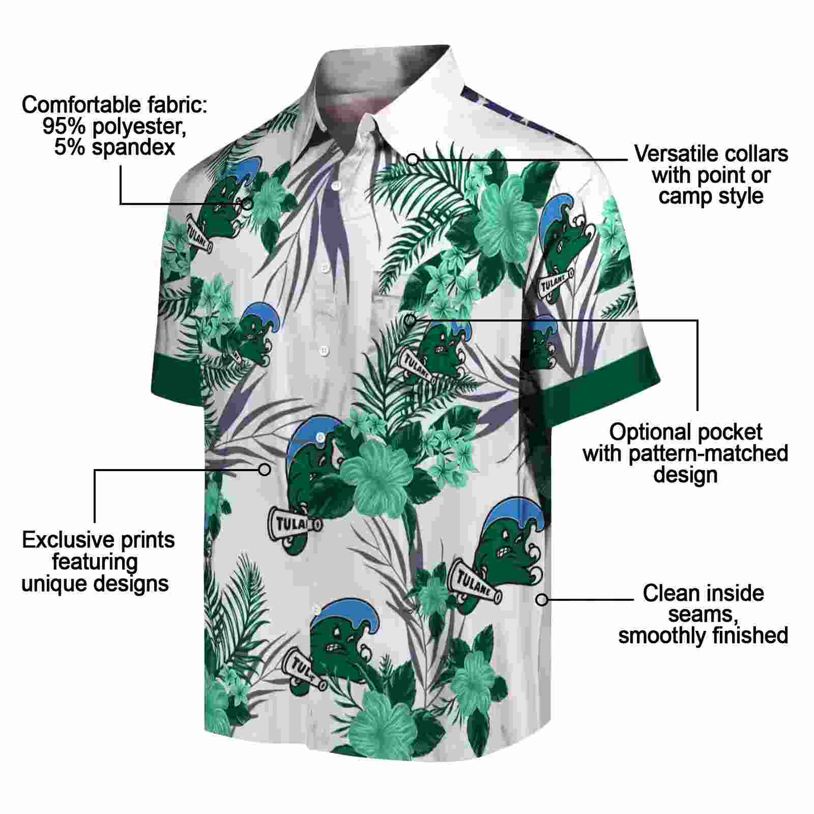 tulane green wave patriotic hibiscus design green white hawaiian shirt new arrival