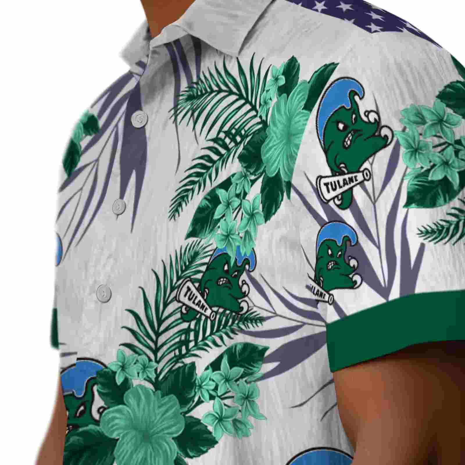 tulane green wave patriotic hibiscus design green white hawaiian shirt trendy