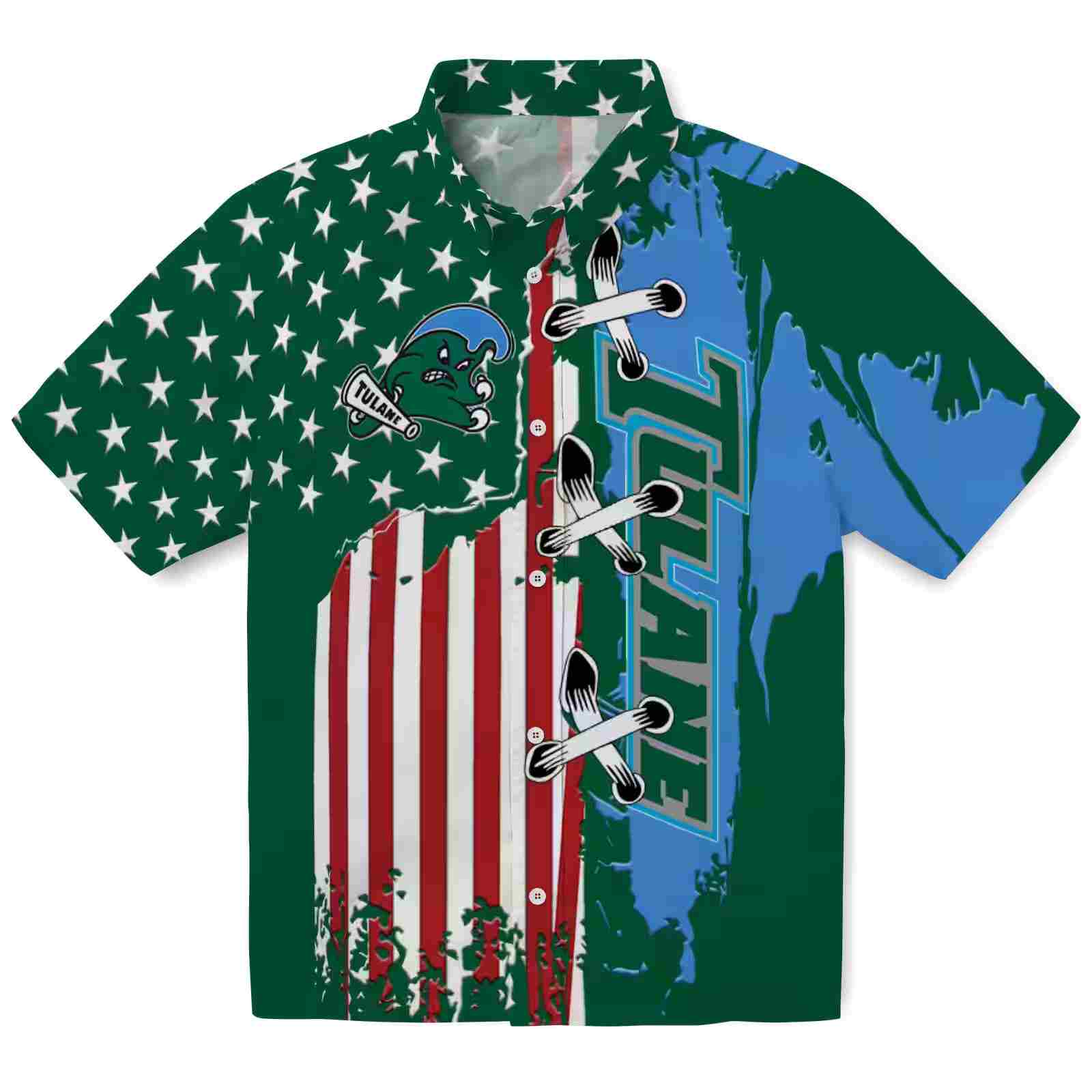 Tulane Green Wave Stitched Flag Green Hawaiian Shirt