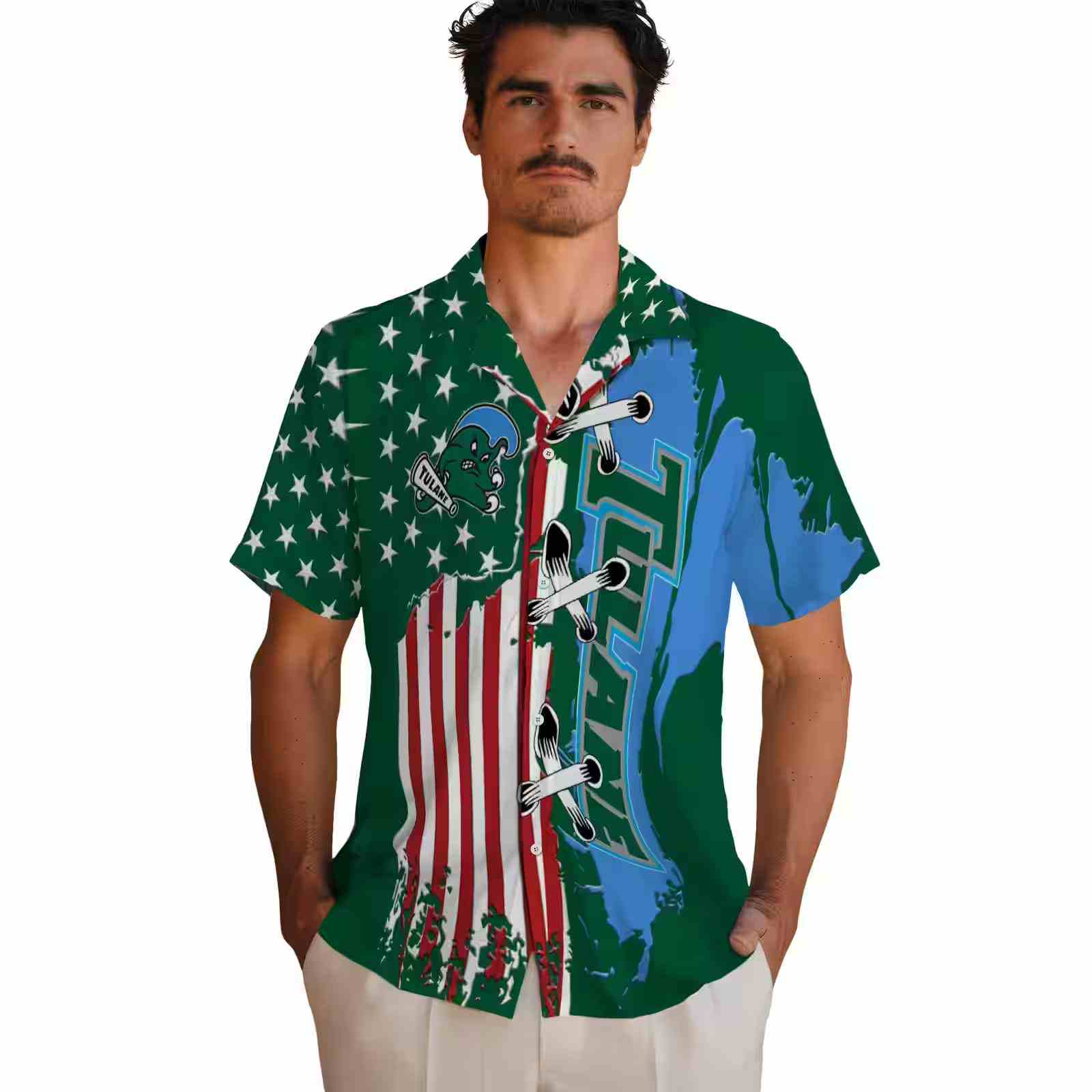 tulane green wave stitched flag green hawaiian shirt fashion forward