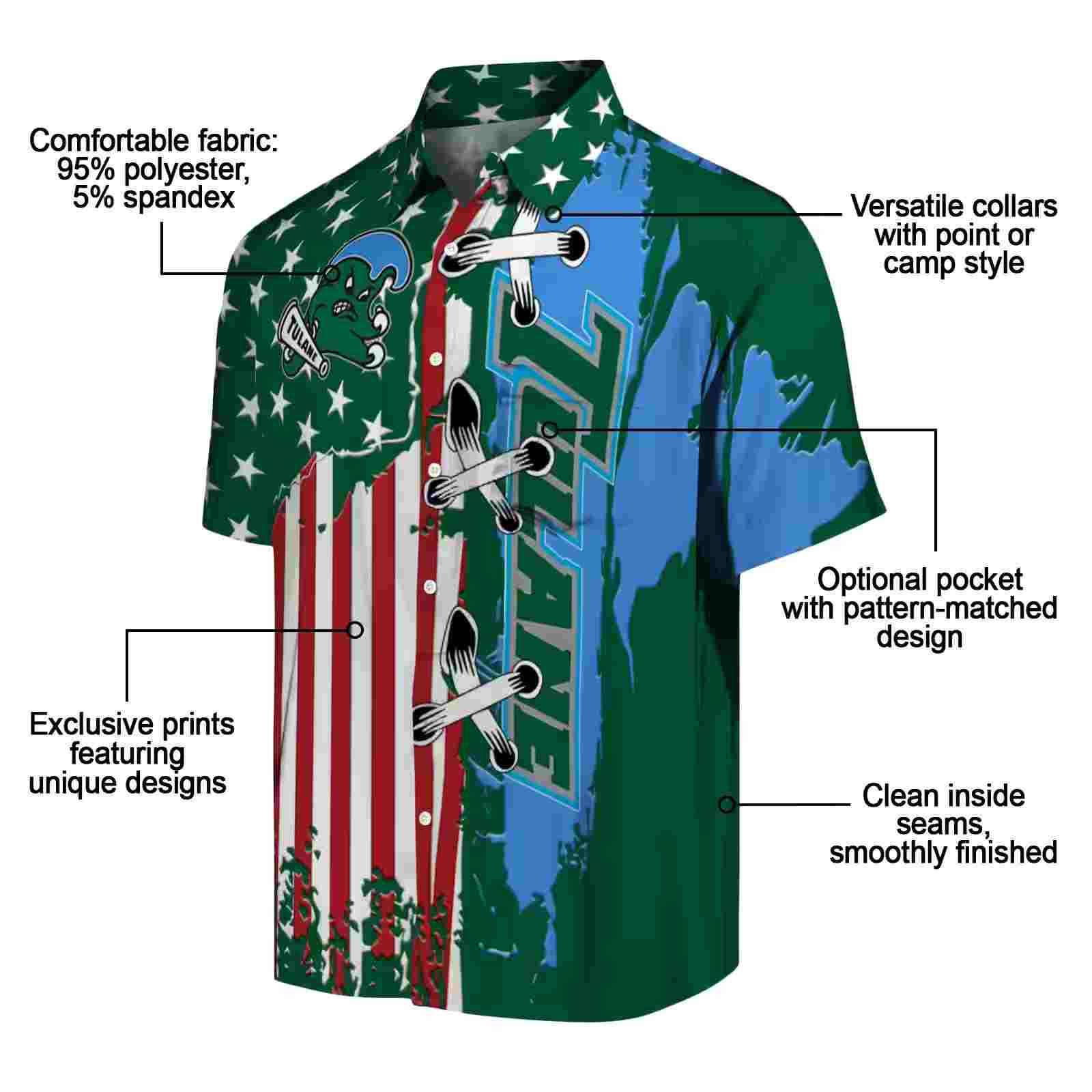 tulane green wave stitched flag green hawaiian shirt new arrival