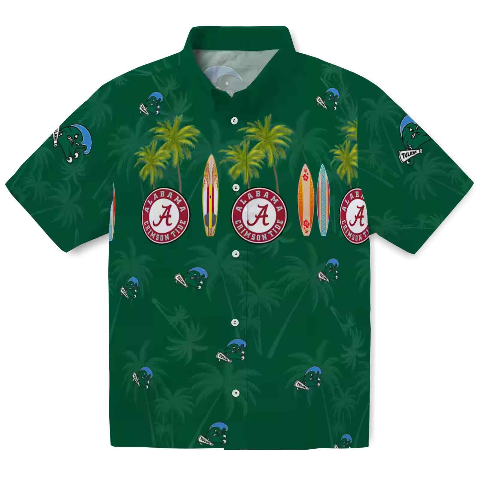 Tulane Green Wave Surfboard Palm Green Hawaiian Shirt