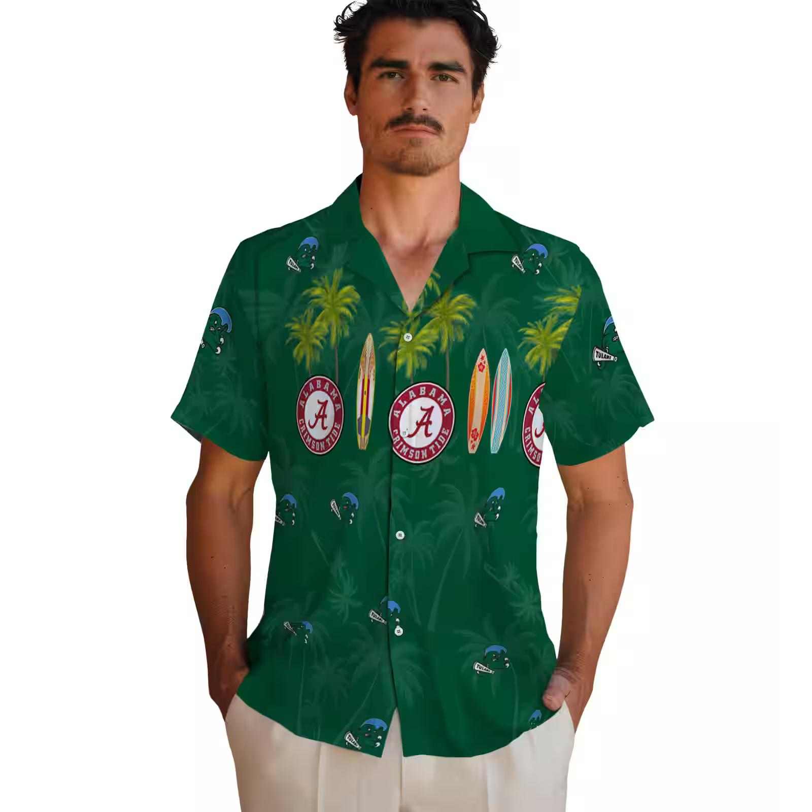 tulane green wave surfboard palm green hawaiian shirt fashion forward