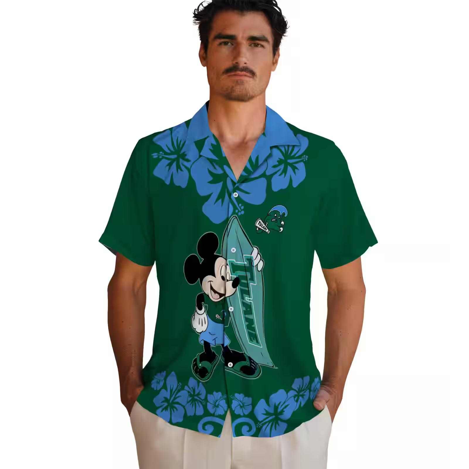 tulane green wave surfing mickey green hawaiian shirt fashion forward