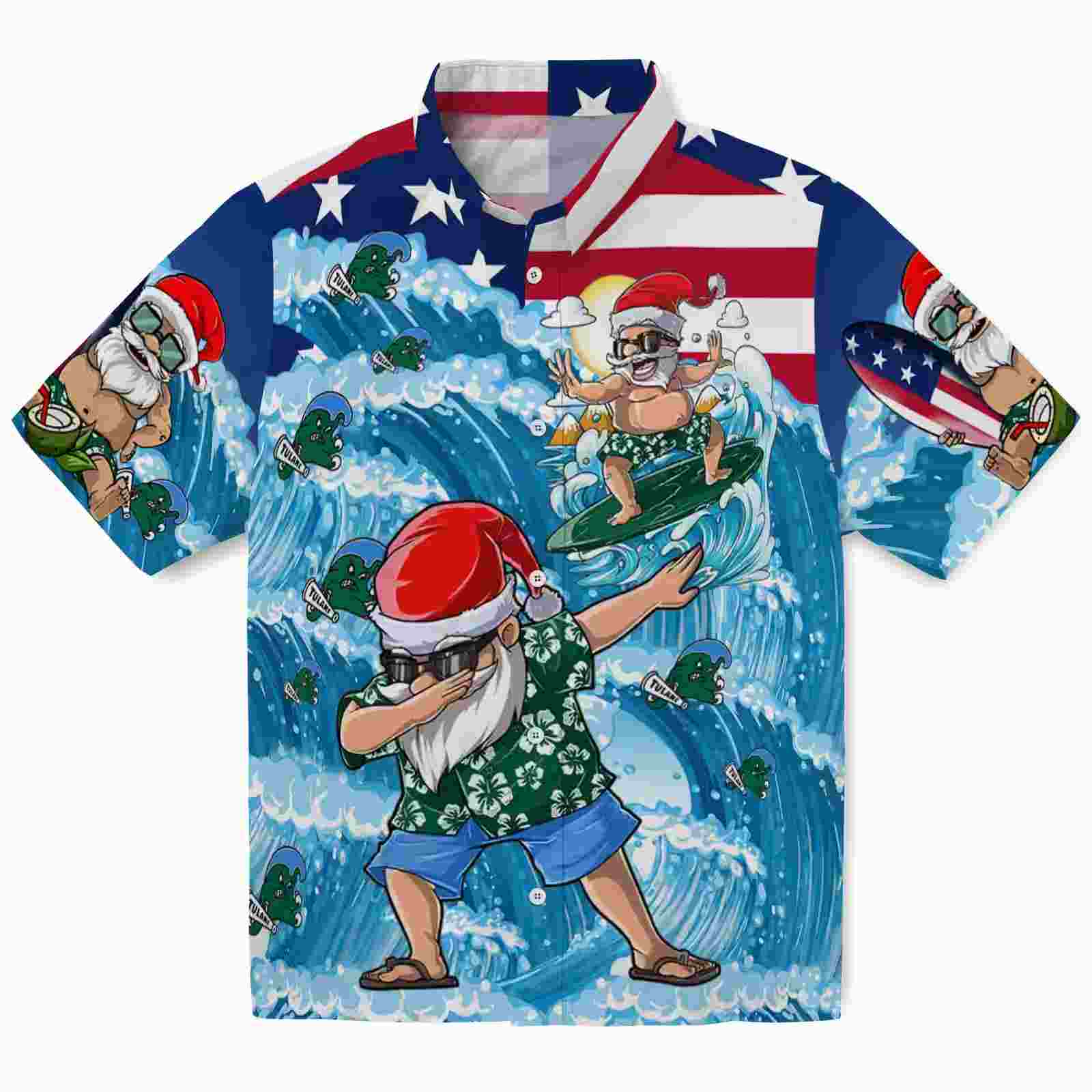 Tulane Green Wave Surfing Santa Blue Hawaiian Shirt