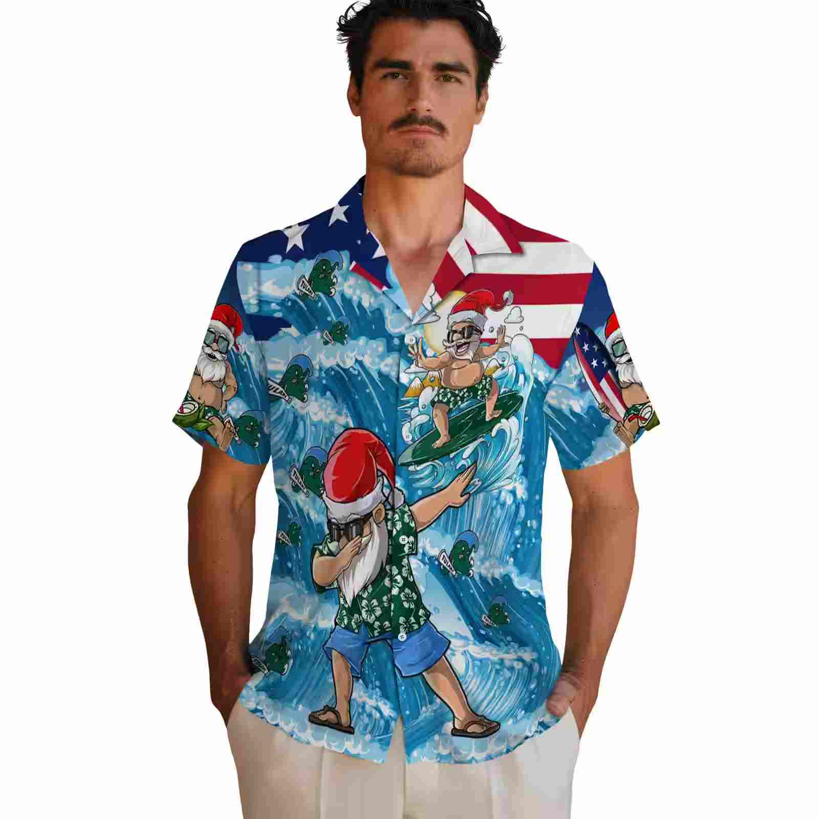 tulane green wave surfing santa blue hawaiian shirt fashion forward