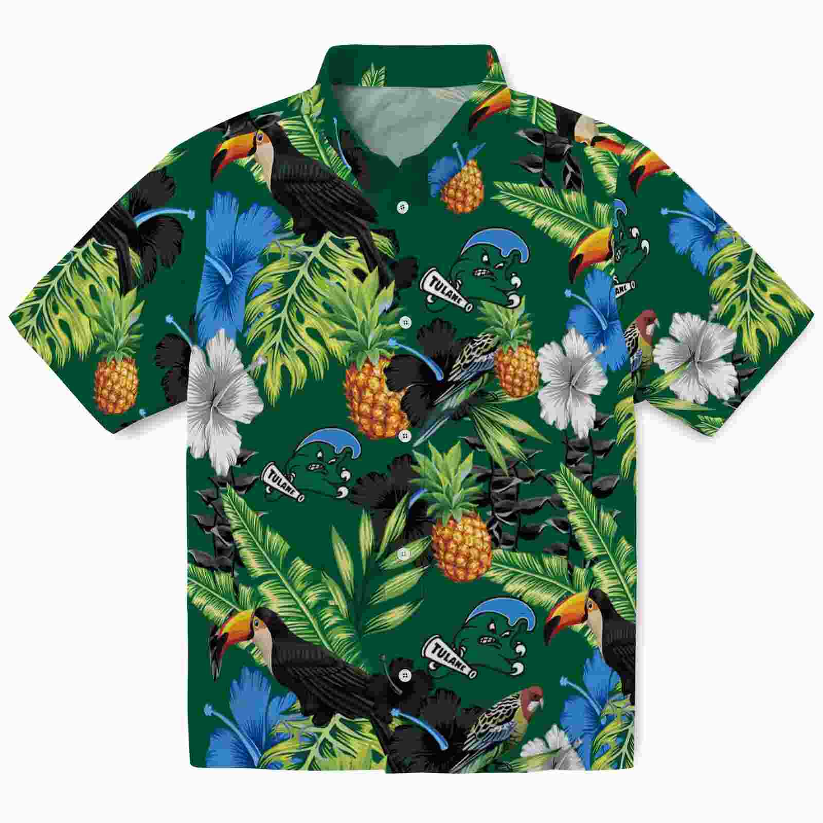 Tulane Green Wave Toucan Hibiscus Pineapple Green Hawaiian Shirt