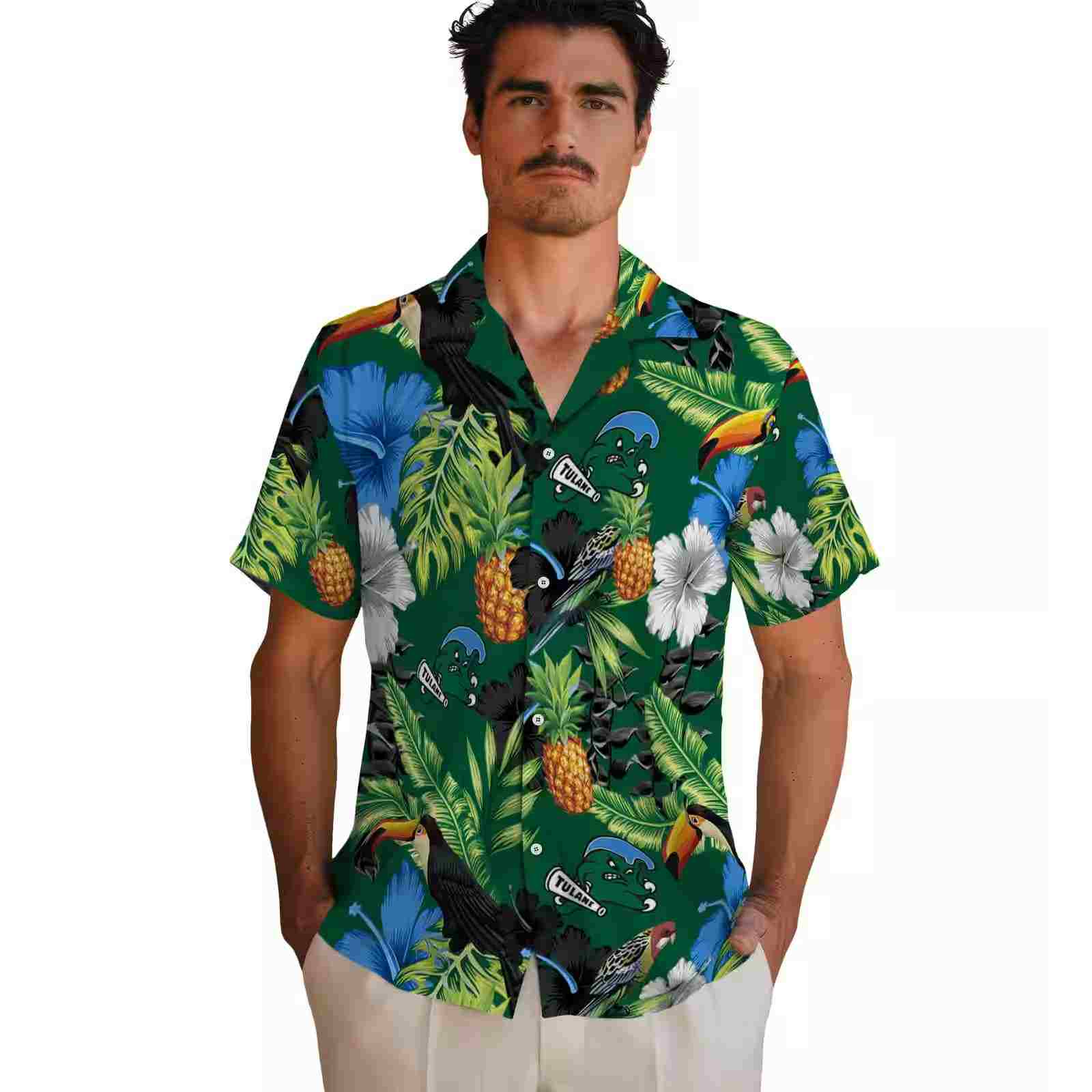 tulane green wave toucan hibiscus pineapple green hawaiian shirt fashion forward