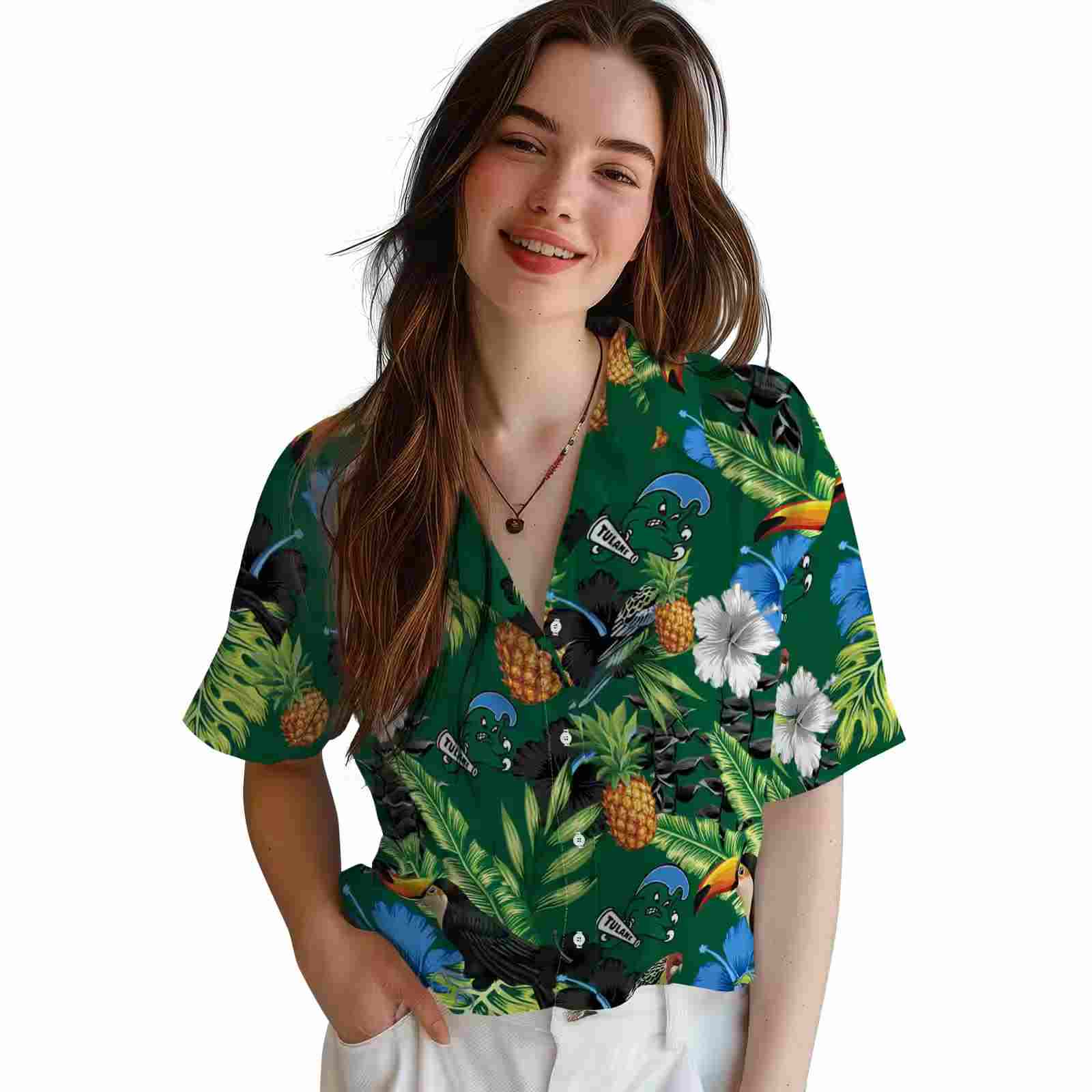 tulane green wave toucan hibiscus pineapple green hawaiian shirt latest model