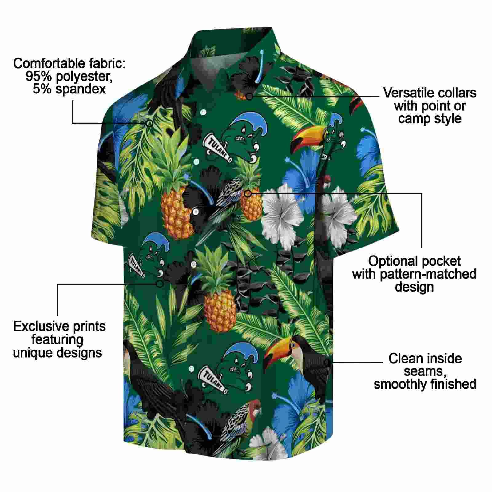 tulane green wave toucan hibiscus pineapple green hawaiian shirt new arrival