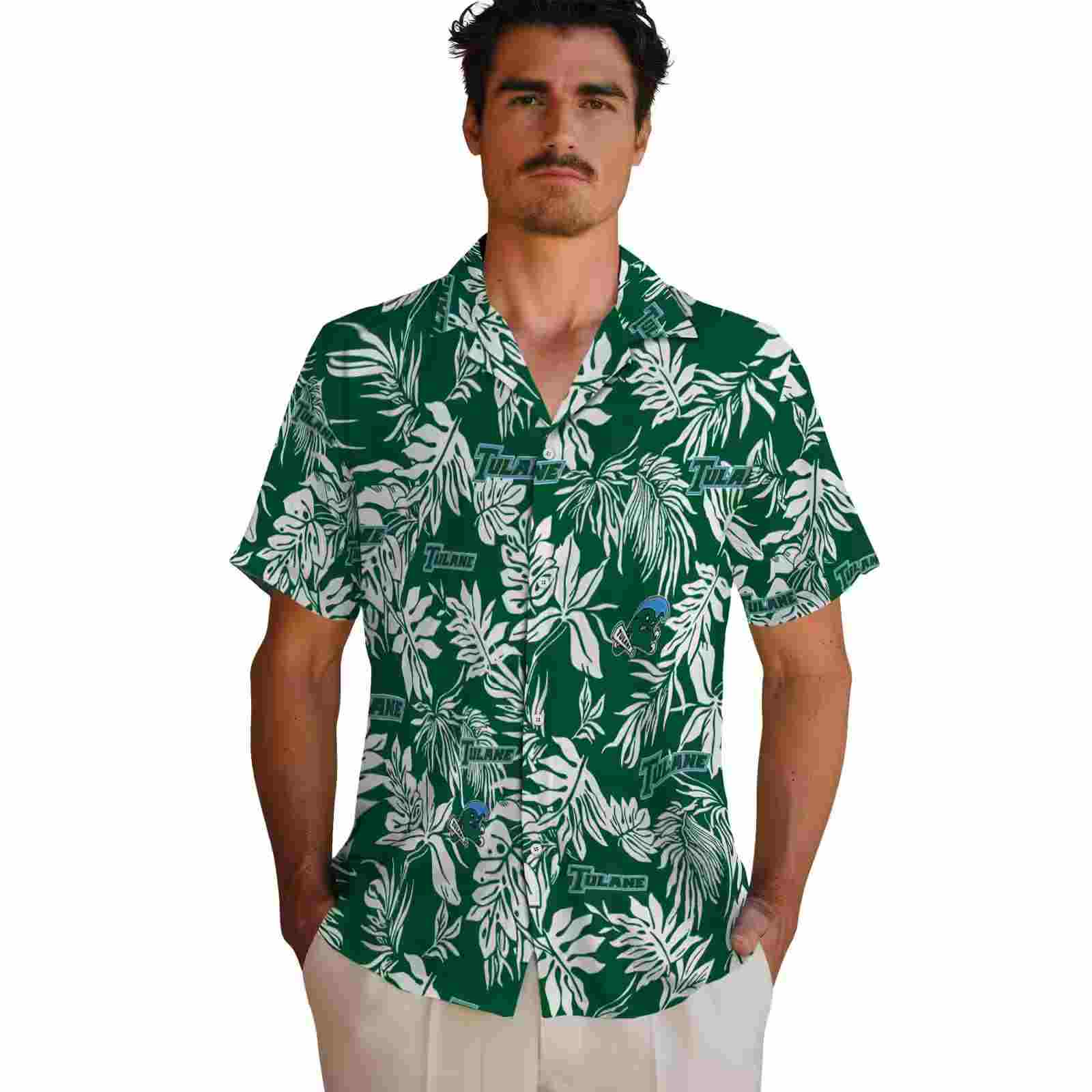 tulane green wave tropical leaf green white hawaiian shirt fashion forward