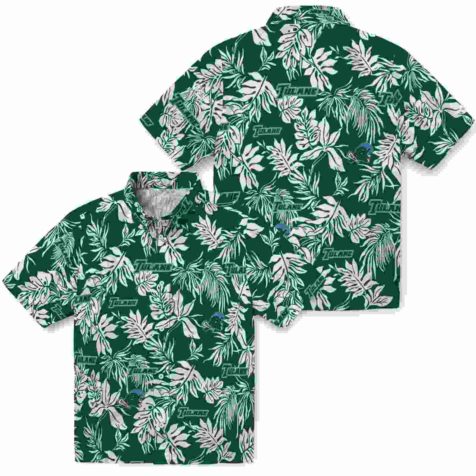 tulane green wave tropical leaf green white hawaiian shirt high quality