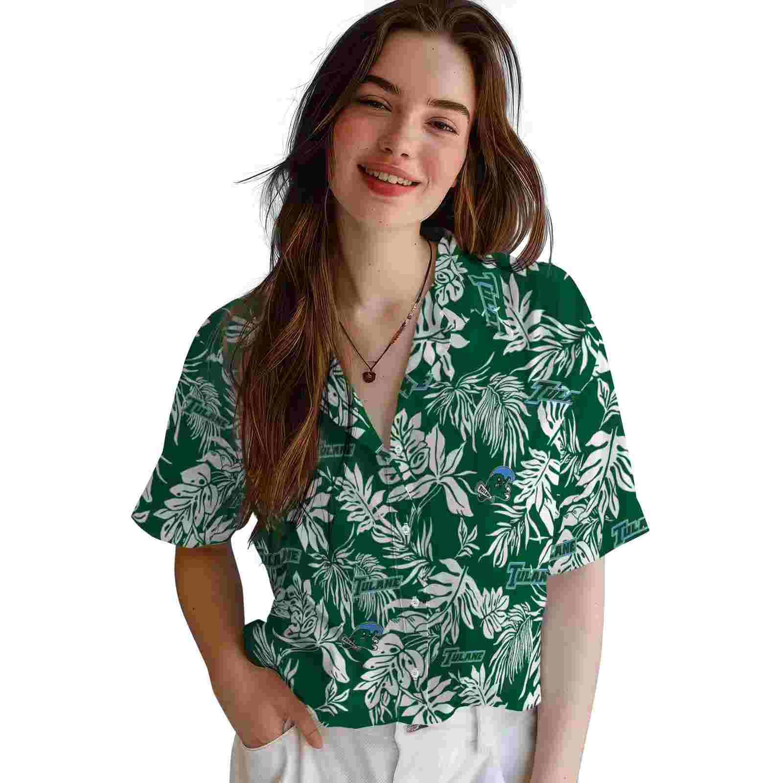 tulane green wave tropical leaf green white hawaiian shirt latest model