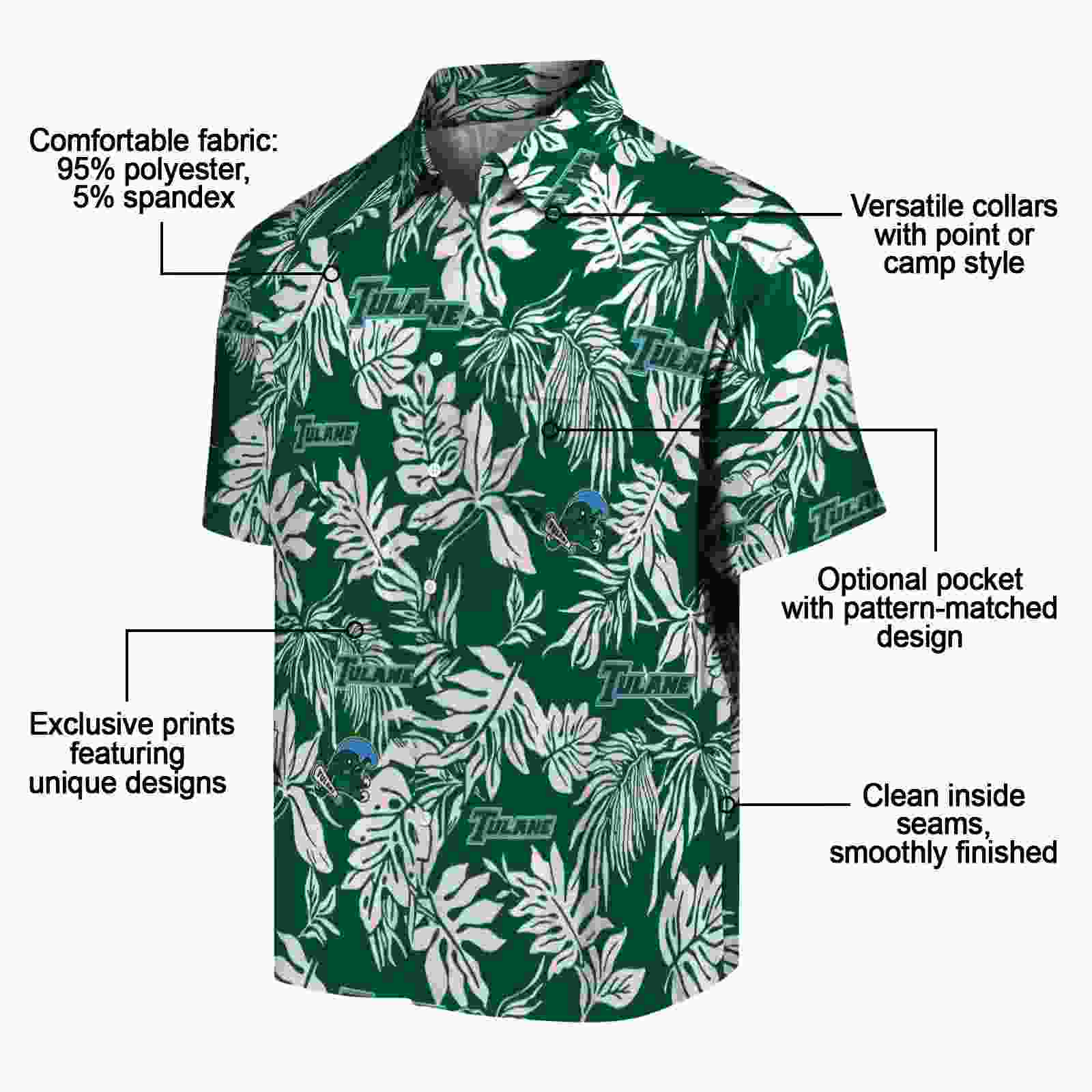 tulane green wave tropical leaf green white hawaiian shirt new arrival